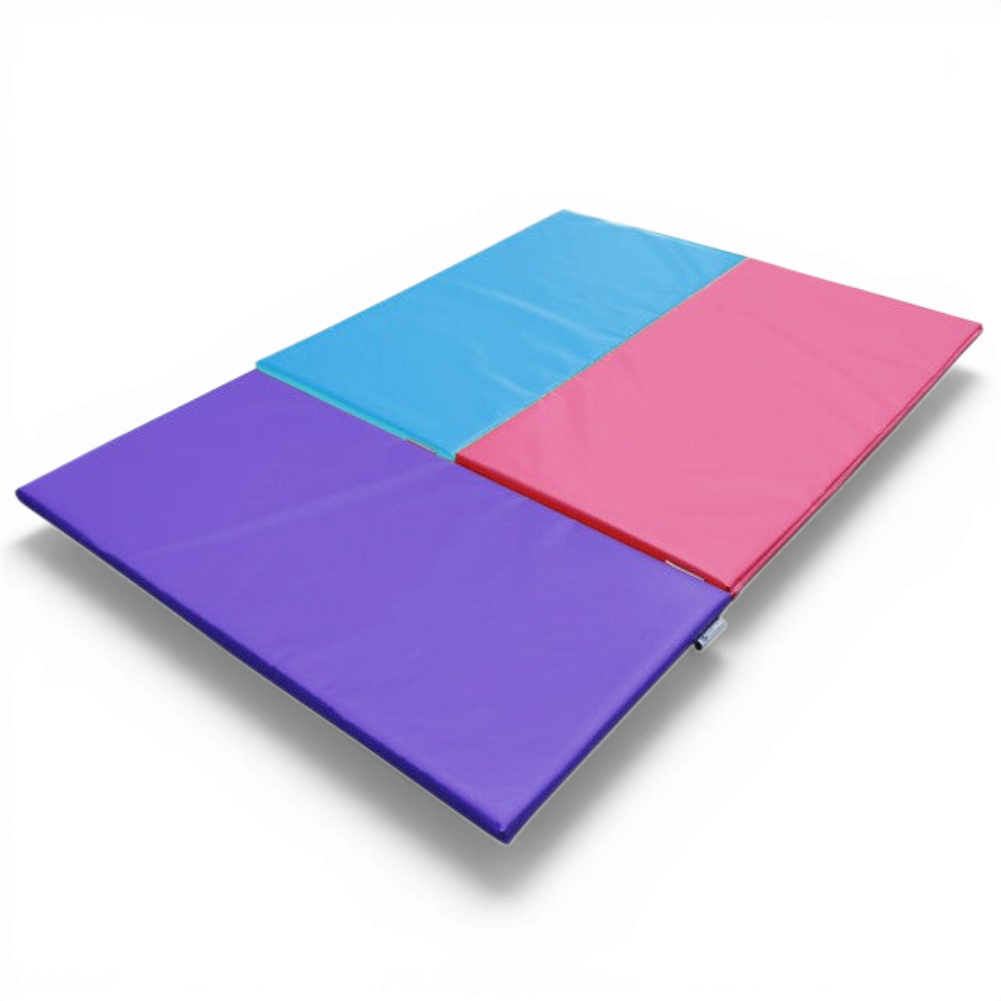 UK Gym Pits Build A Mat system featuring connected purple, blue, and pink vinyl tumbling panels for gymnastics.