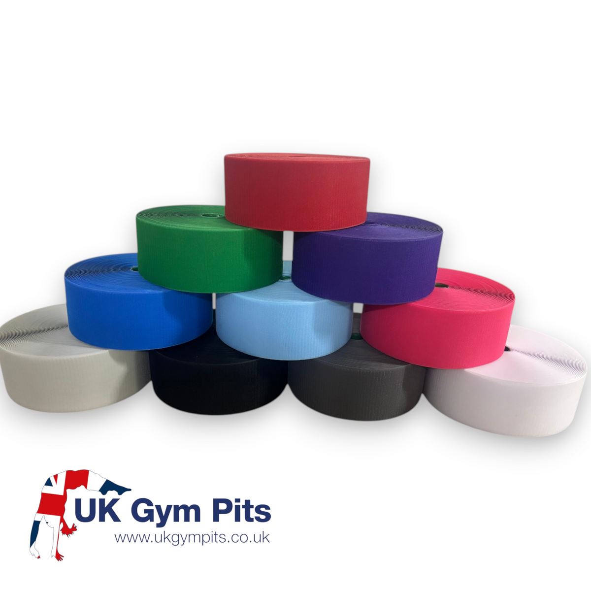 UK Gym Pits hook rolls for carpet mat joining in various vibrant colours stacked in a pyramid shape