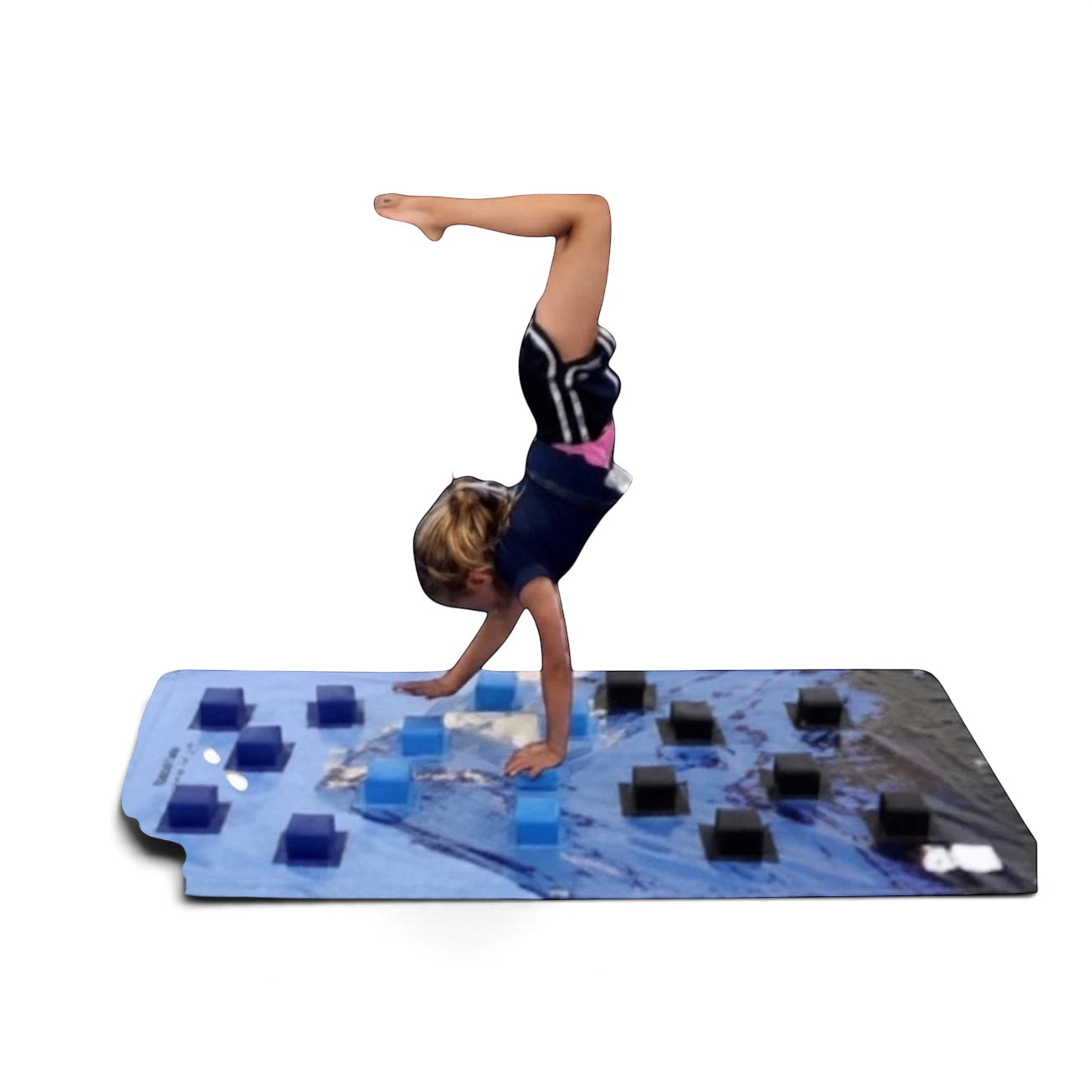 UK Gym Pits carpet wall overlay with blue surface and black and blue foam blocks being used for a handstand drill