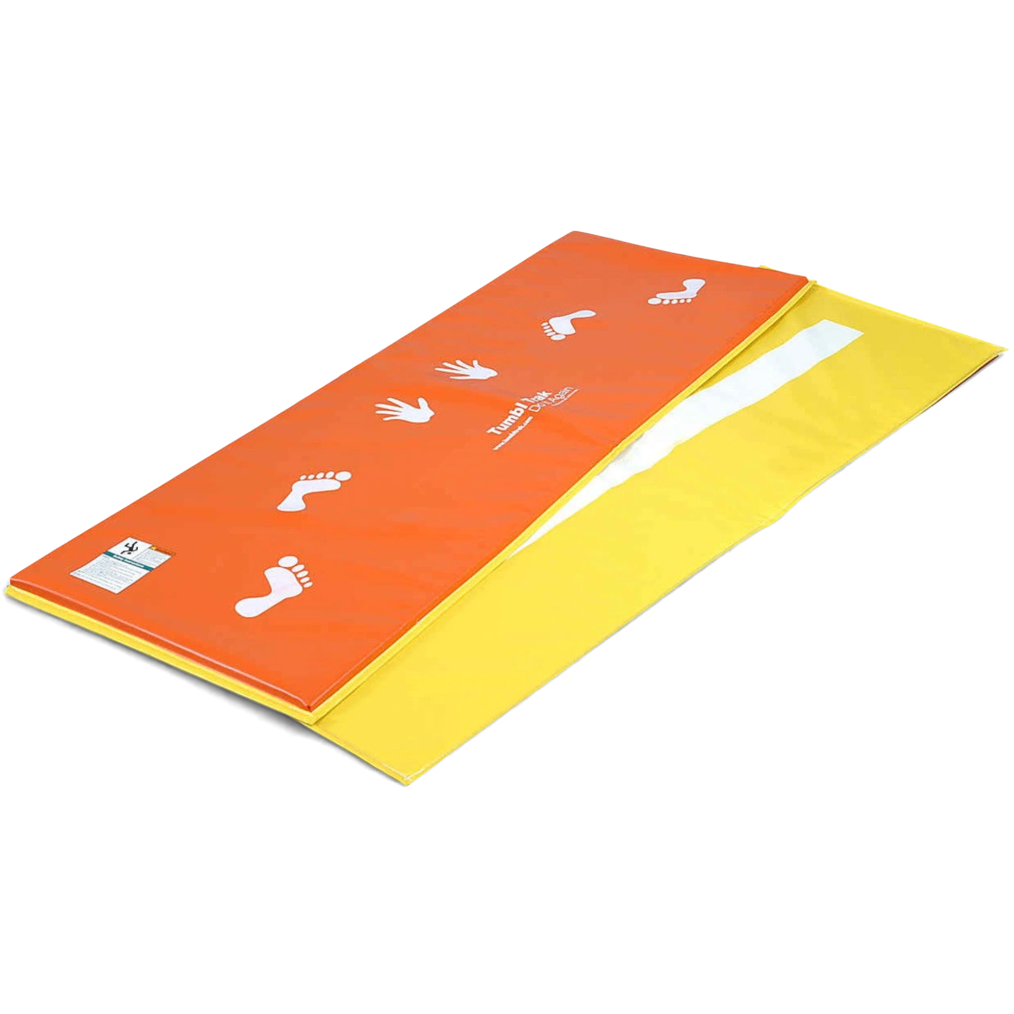 UK Gym Pits orange and yellow tumbling mat with white hand and foot cartwheel guides and a practice beam stripe