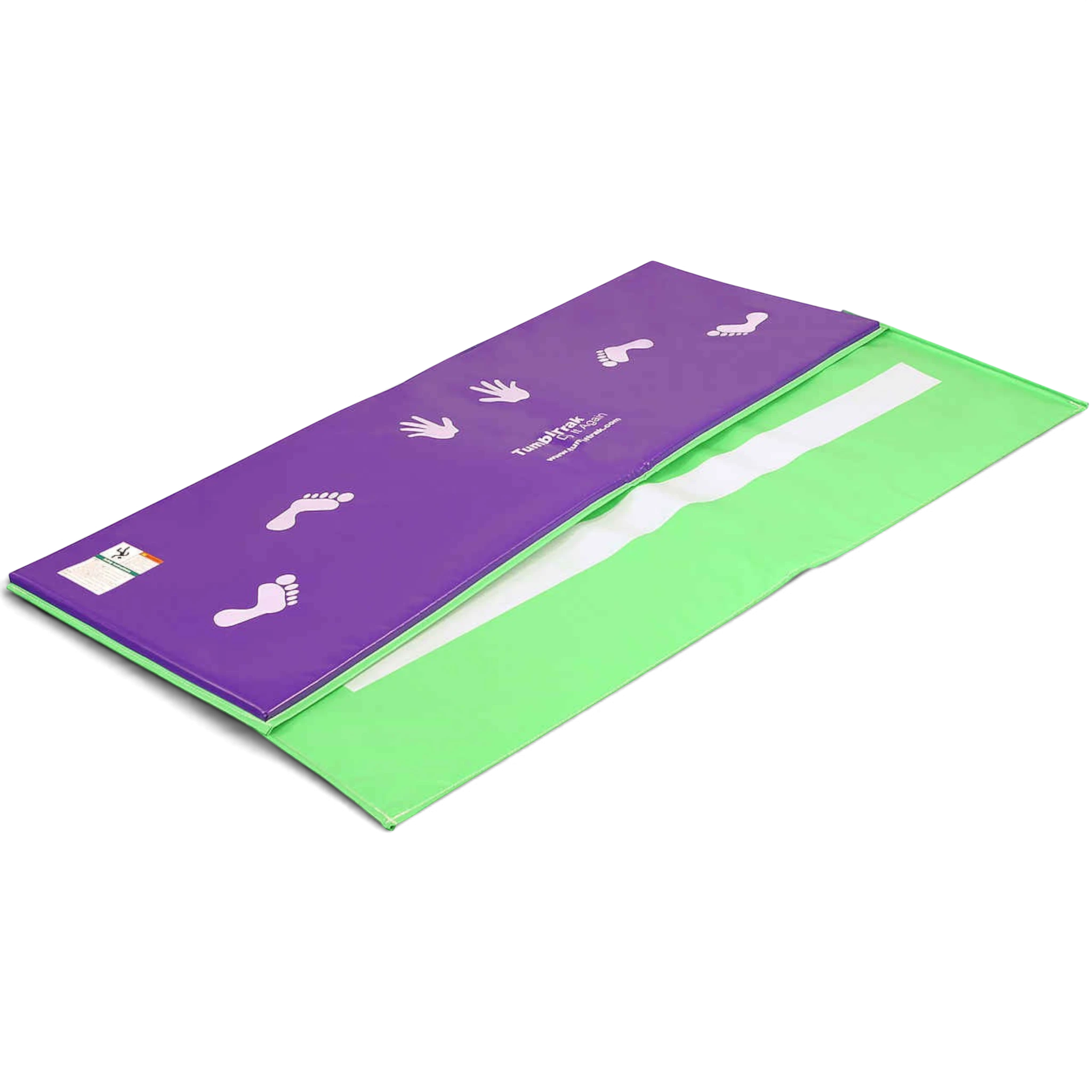 UK Gym Pits purple and green cartwheel beam mat with white hand and foot placement guides for kids gymnastics