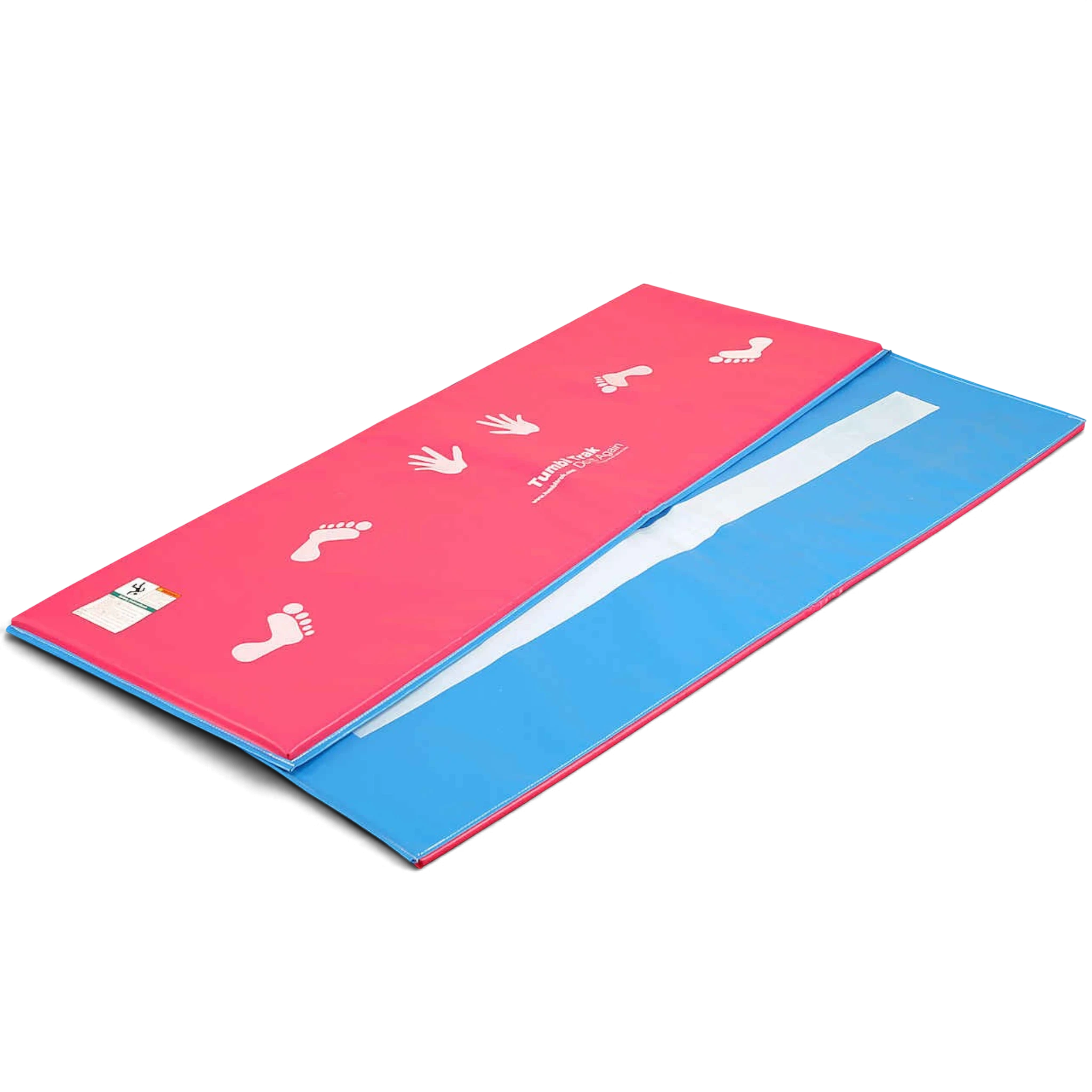 UK Gym Pits pink and blue tumbling mat with white cartwheel hand and foot guides and a practice beam stripe