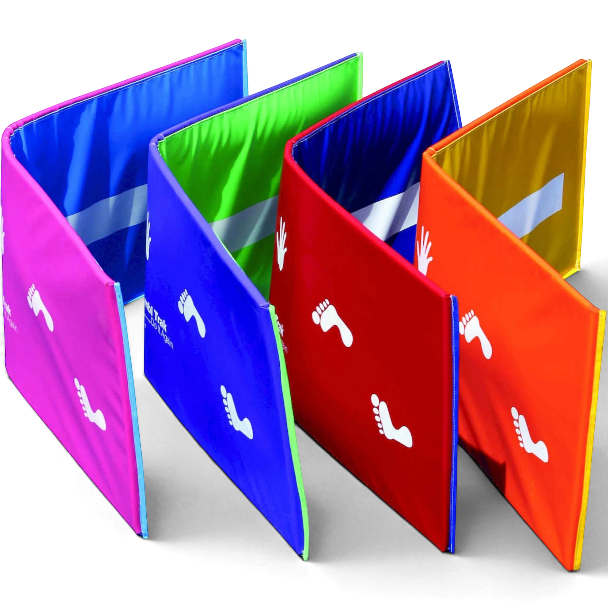 UK Gym Pits colourful vinyl cartwheel beam mats with white hand and foot placement guides for kids gymnastics training