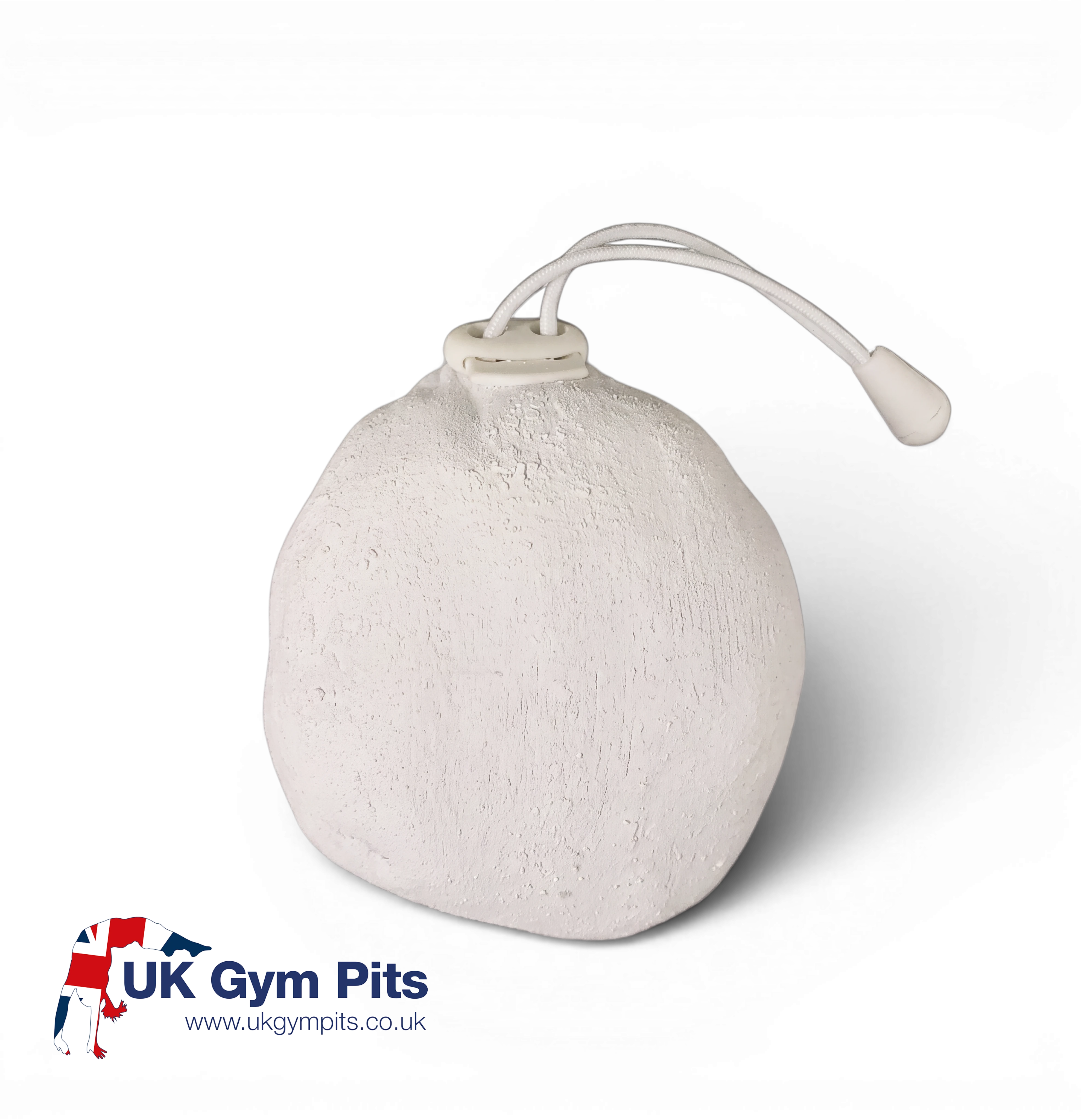 UK Gym Pits Chalky Hands chalk ball in a white cotton drawstring sack for improved grip during gymnastics or climbing