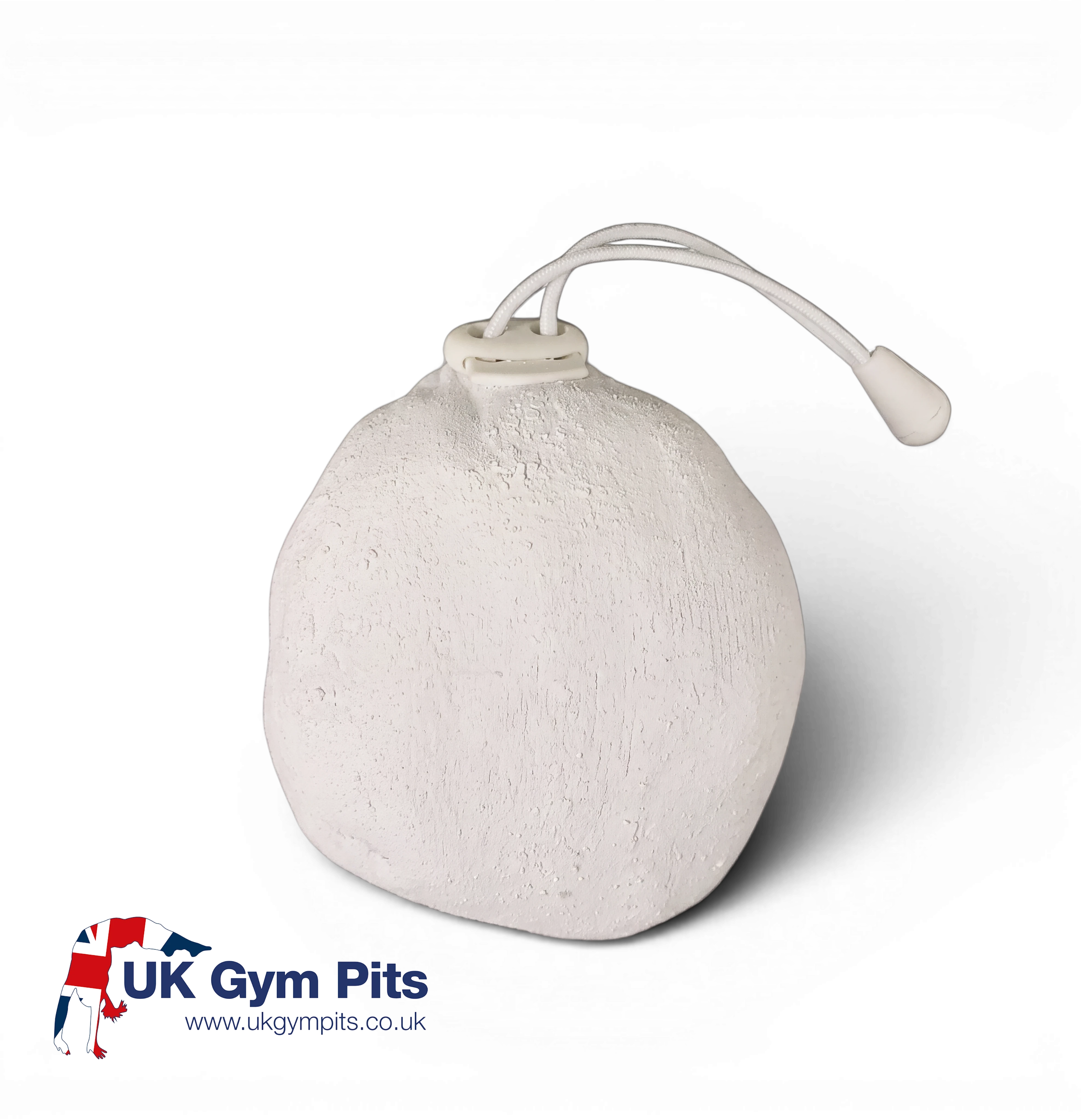 UK Gym Pits Chalky Hands chalk ball in a white cotton drawstring sack for improved grip during gymnastics or climbing