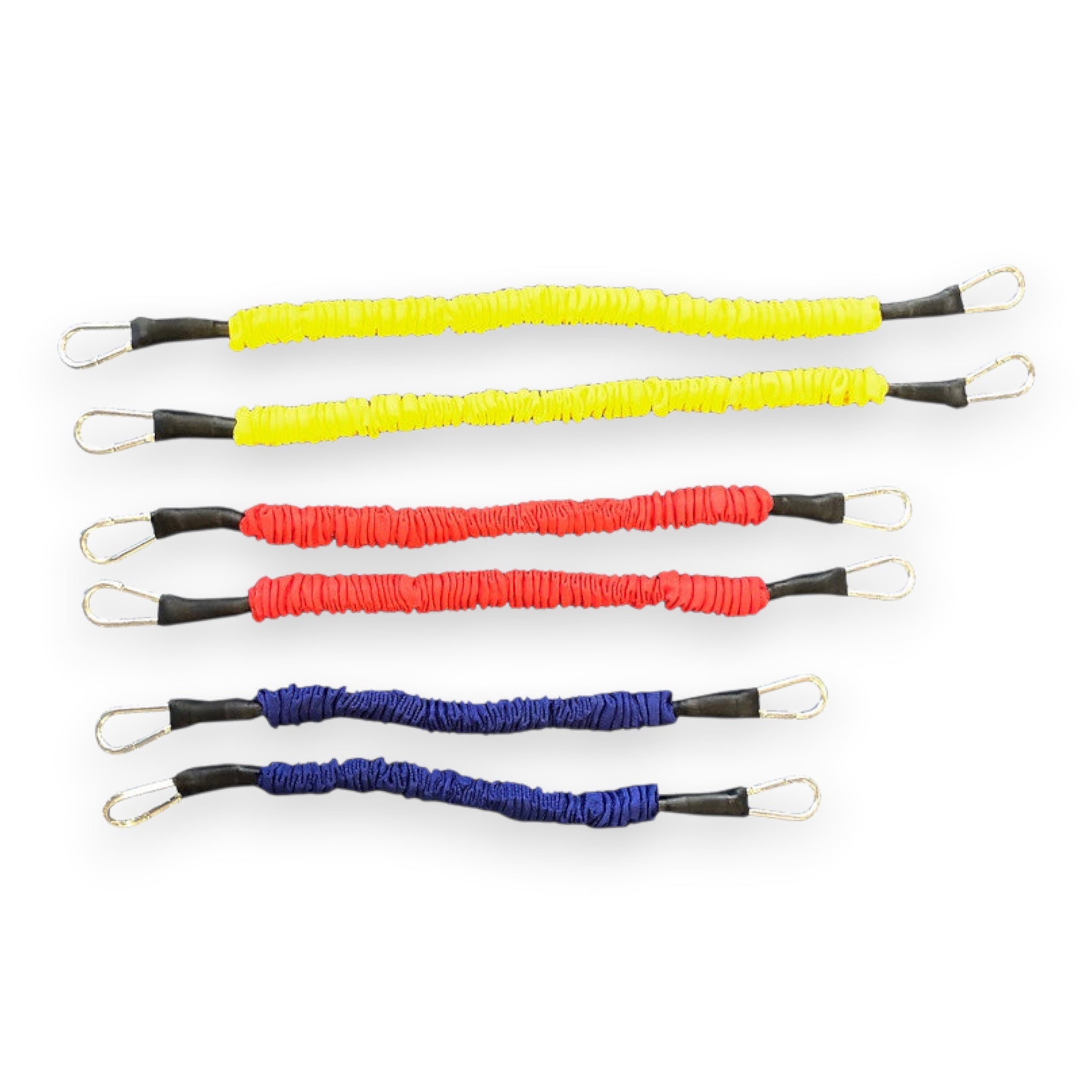 UK Gym Pits cheerleading stunt double bungee resistance straps in yellow, red, and blue with metal carabiners