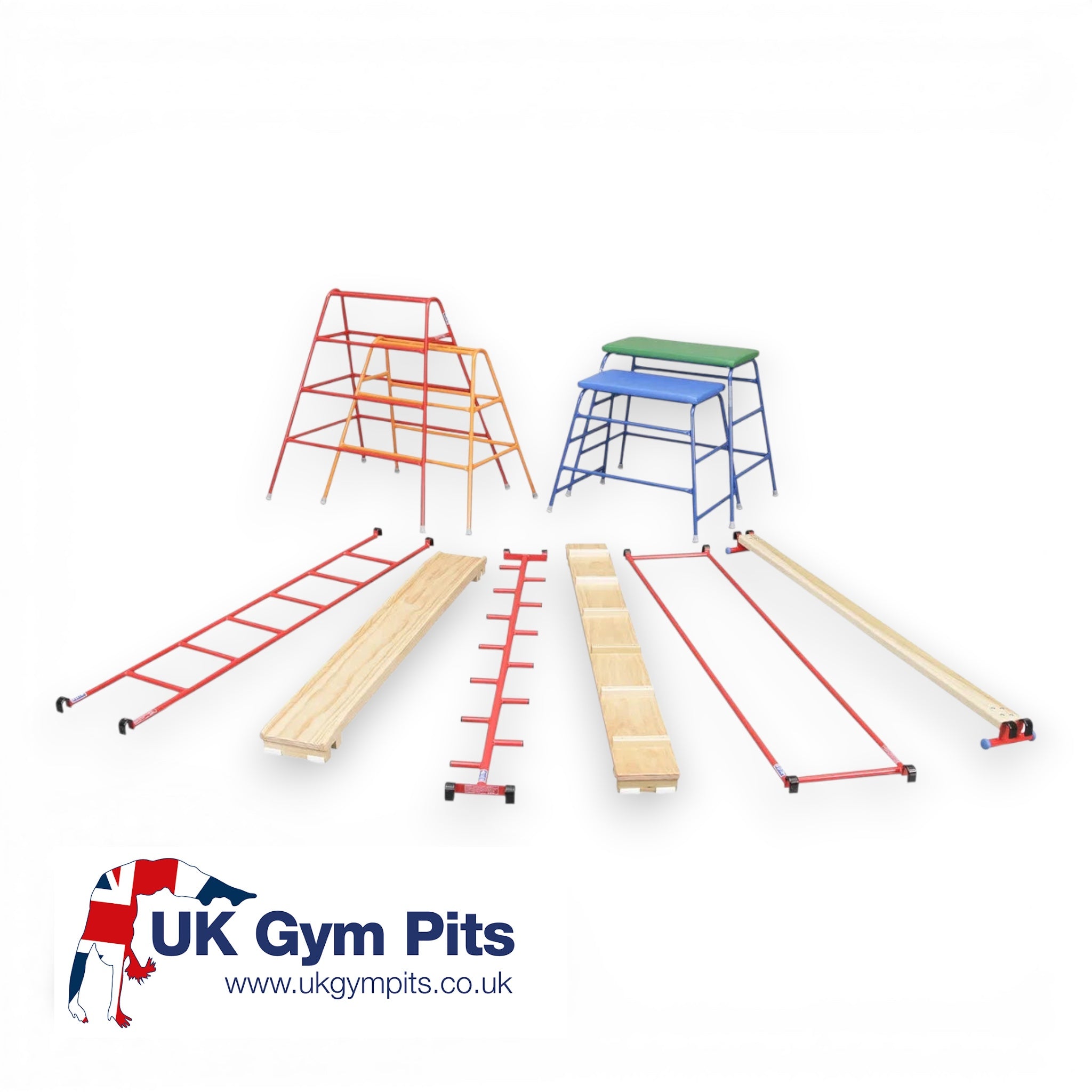 UK Gym Pits 10-piece children's agility set with colourful steel trestles, tables, and wooden linking gymnastic beams.