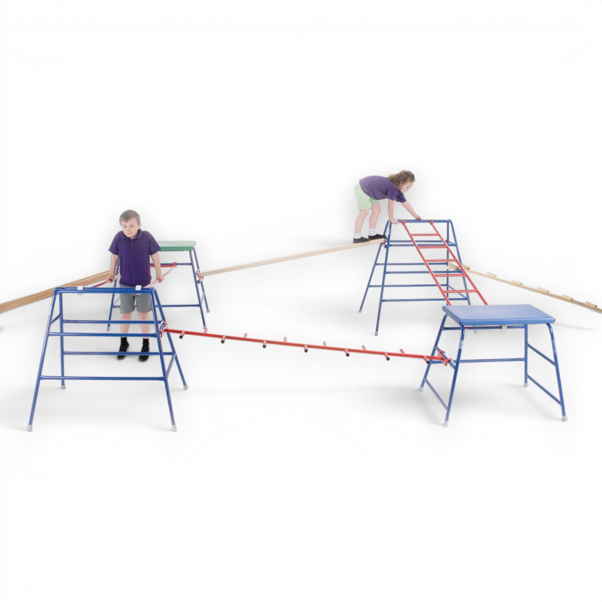 UK Gym Pits 10-piece children's agility set with colourful steel trestles, wooden planks, and ladders for gymnastics.