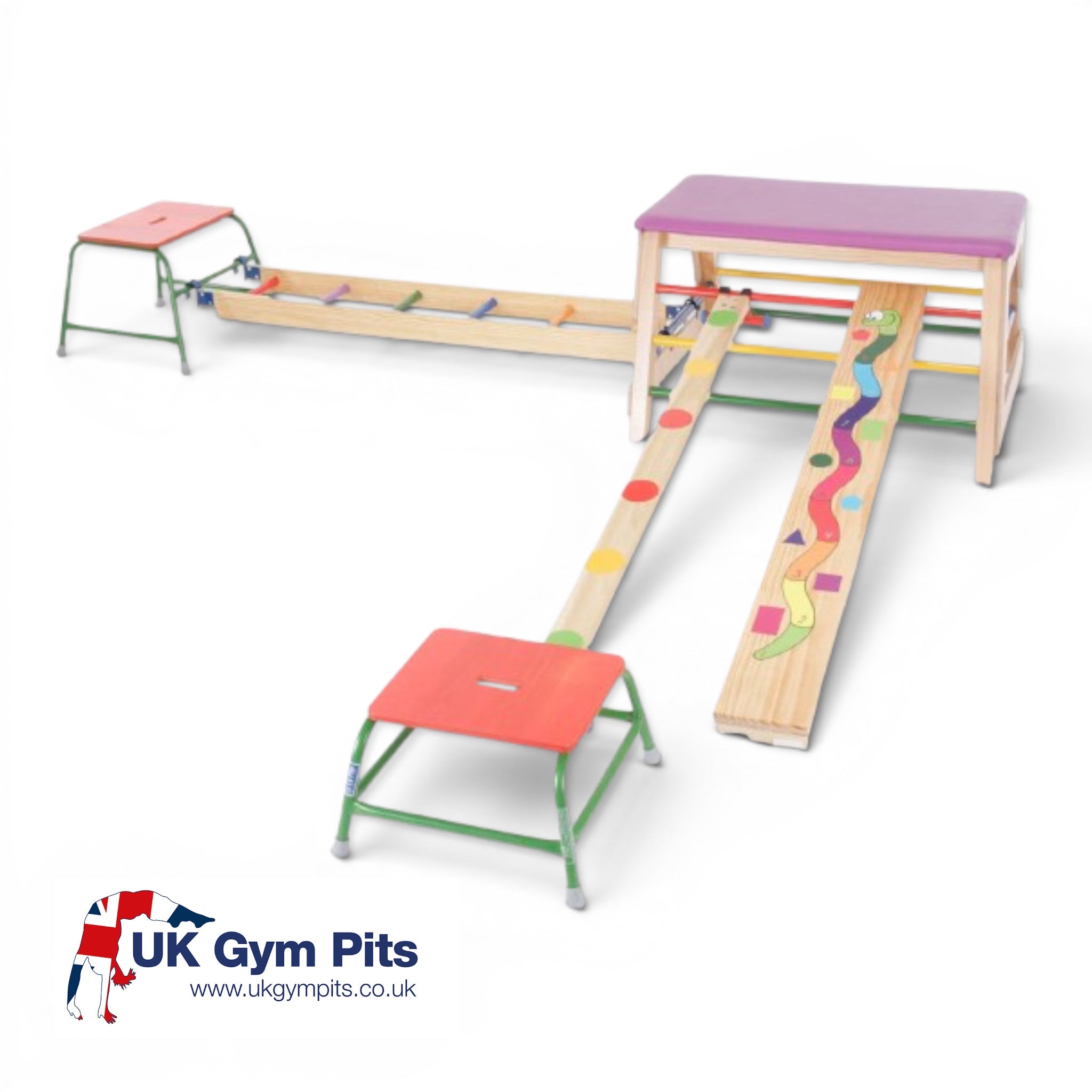 UK Gym Pits 6-piece children's agility set with timber and steel stools, ladder, balance beam, and snake plank.
