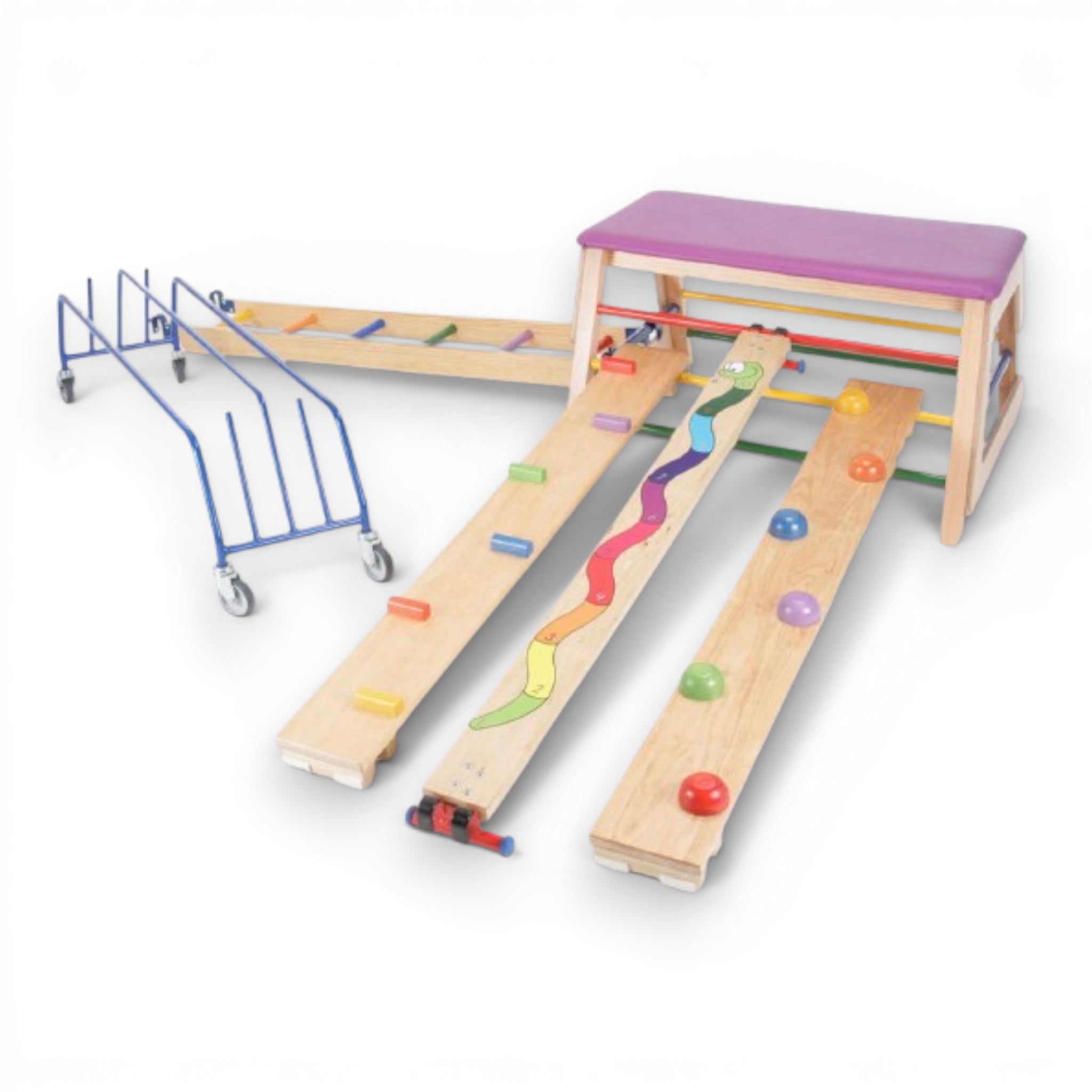 UK Gym Pits 6-piece children's agility set featuring wooden planks, balance beams, and a purple padded bar box.