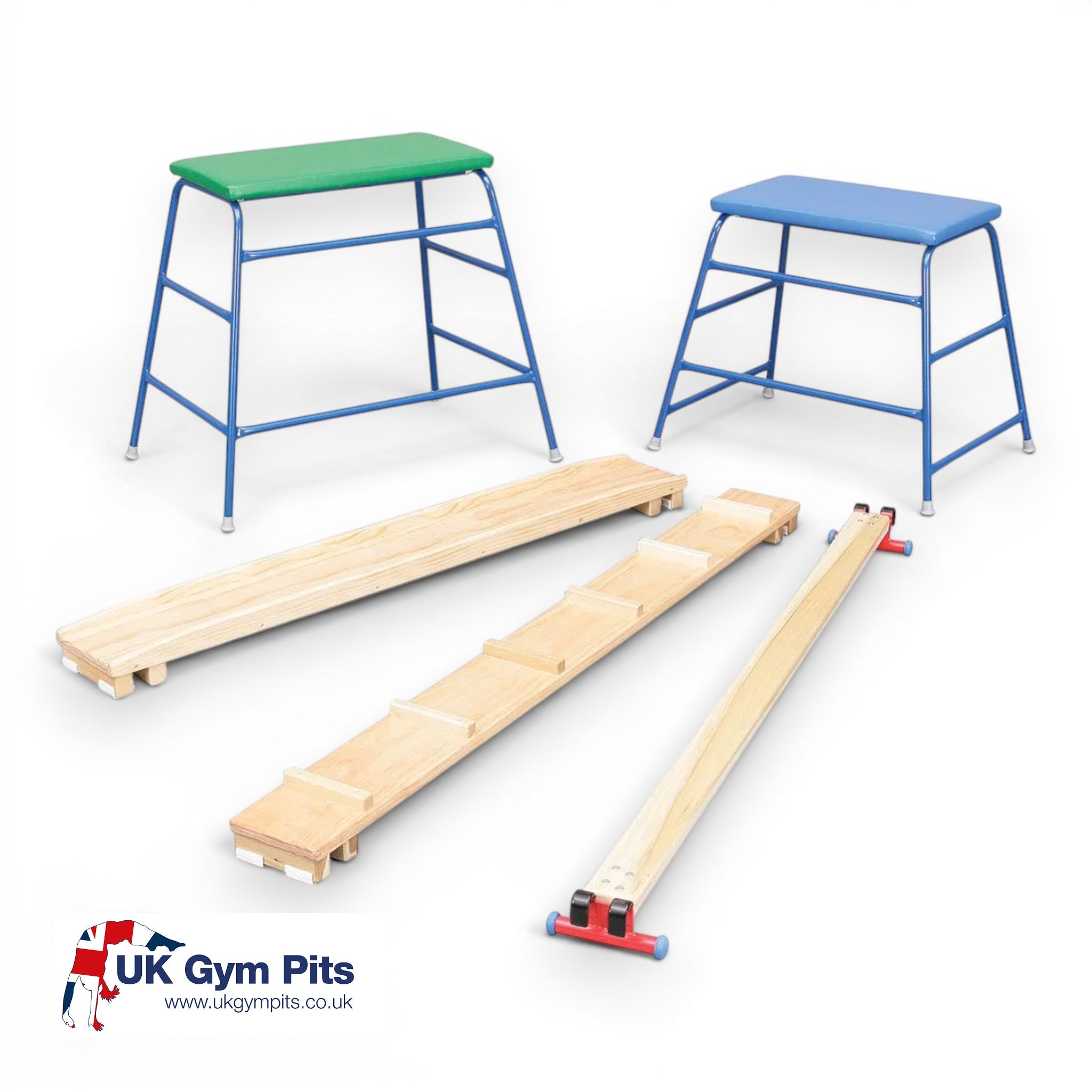 UK Gym Pits 5-piece children's agility set with two padded tables, wooden storming plank, slide, and linking beam.