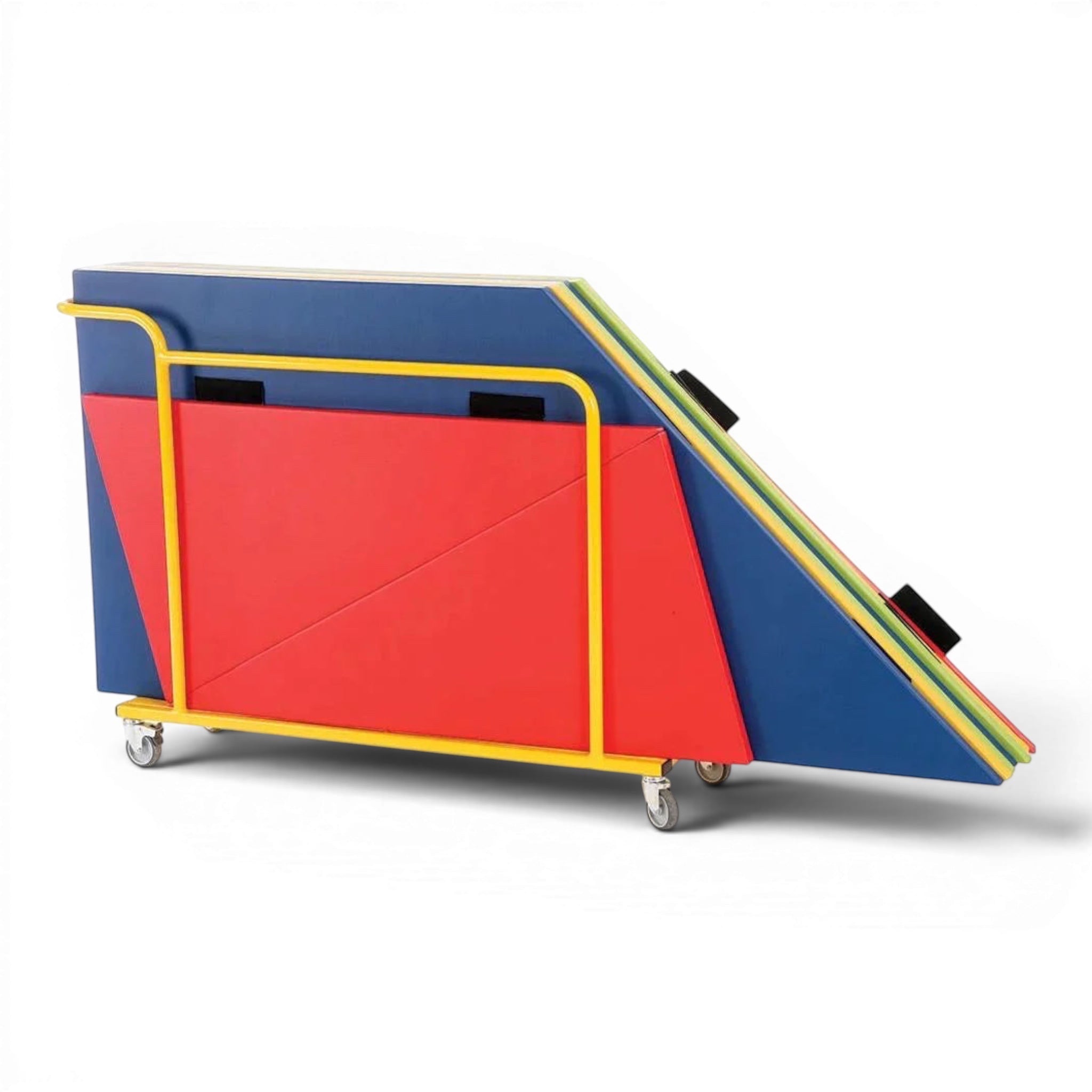 UK Gym Pits climbing frame mat set in primary colours stored on a yellow metal transport trolley with wheels.