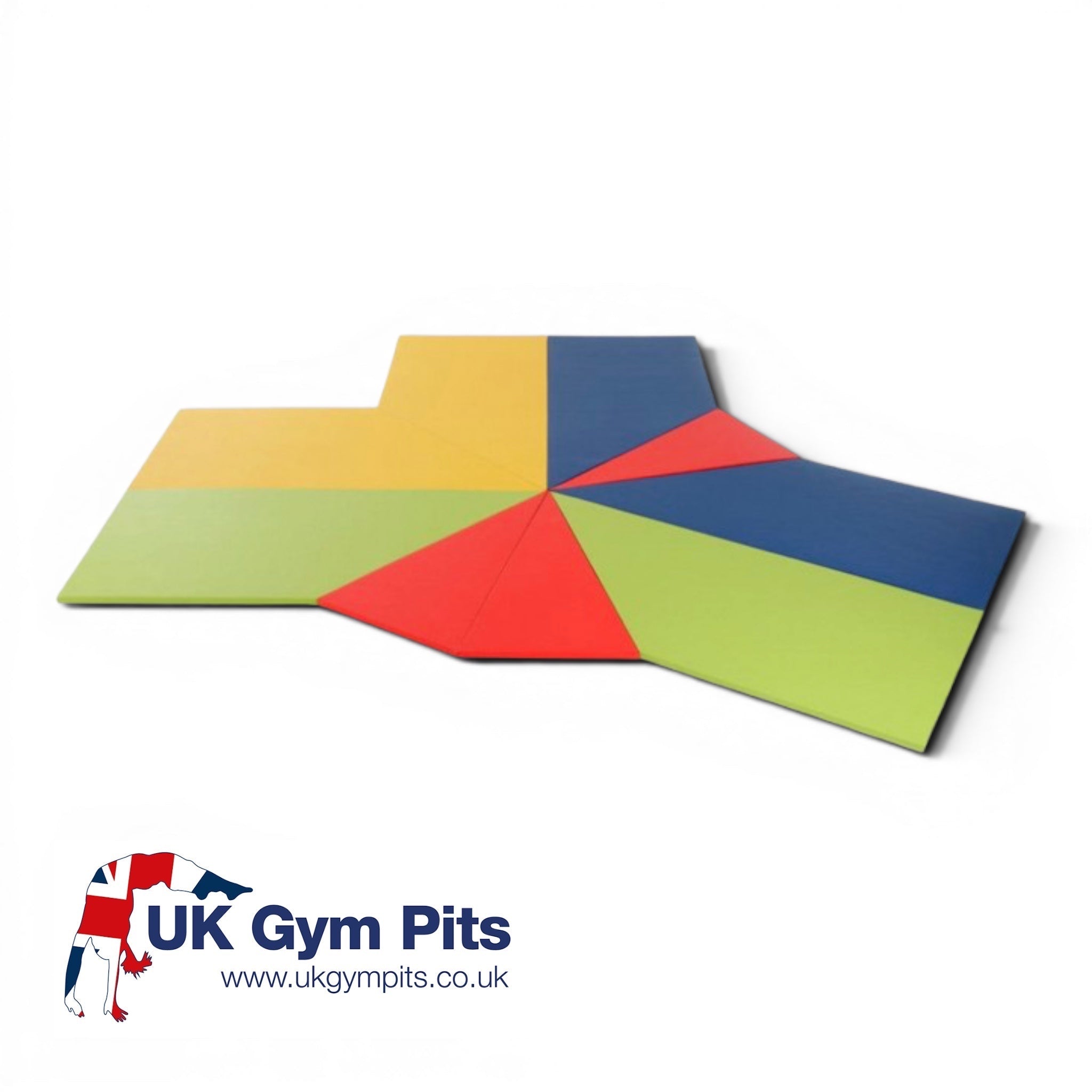 UK Gym Pits climbing frame mat set in multi-coloured segments with hook and loop flaps for secure gym configuration.