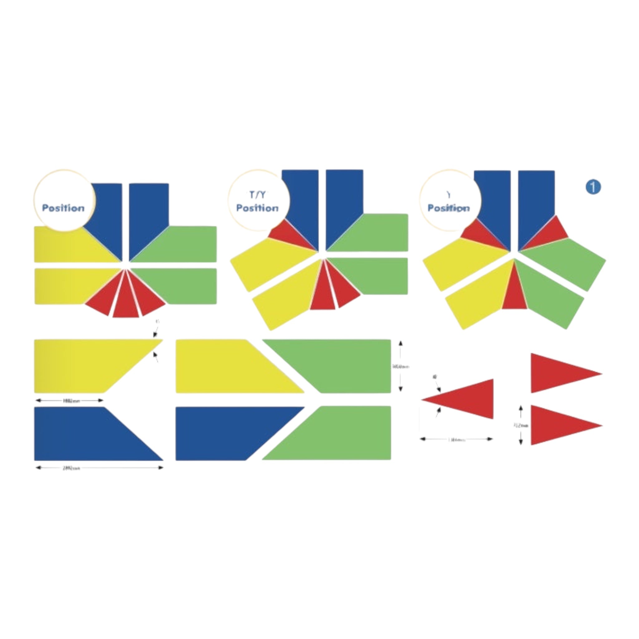 UK Gym Pits climbing frame mat set showing three configuration diagrams in blue, green, yellow, and red for gym safety.