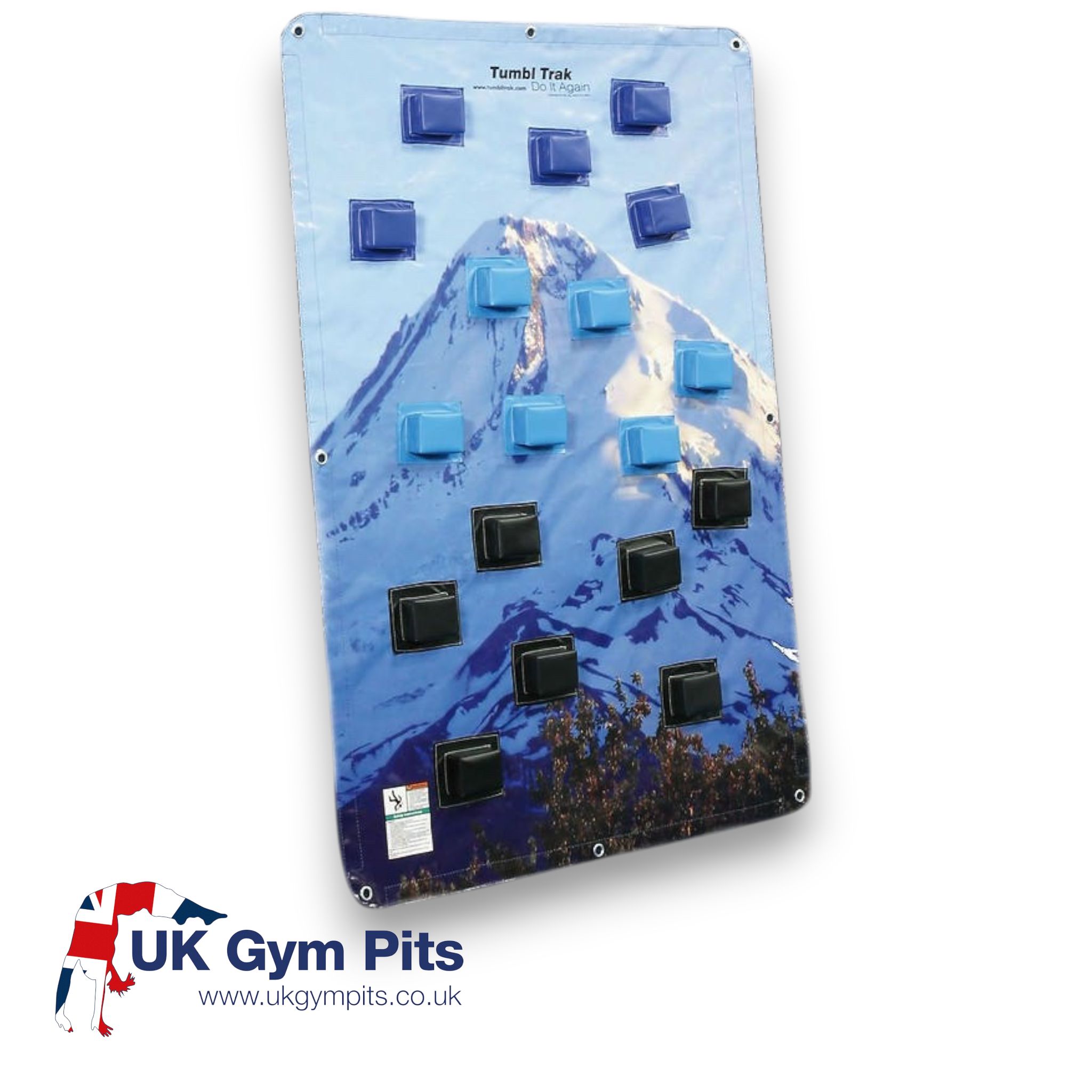 UK Gym Pits vinyl climbing wall overlay with mountain graphic, blue and black foam holds, and corner grommets.