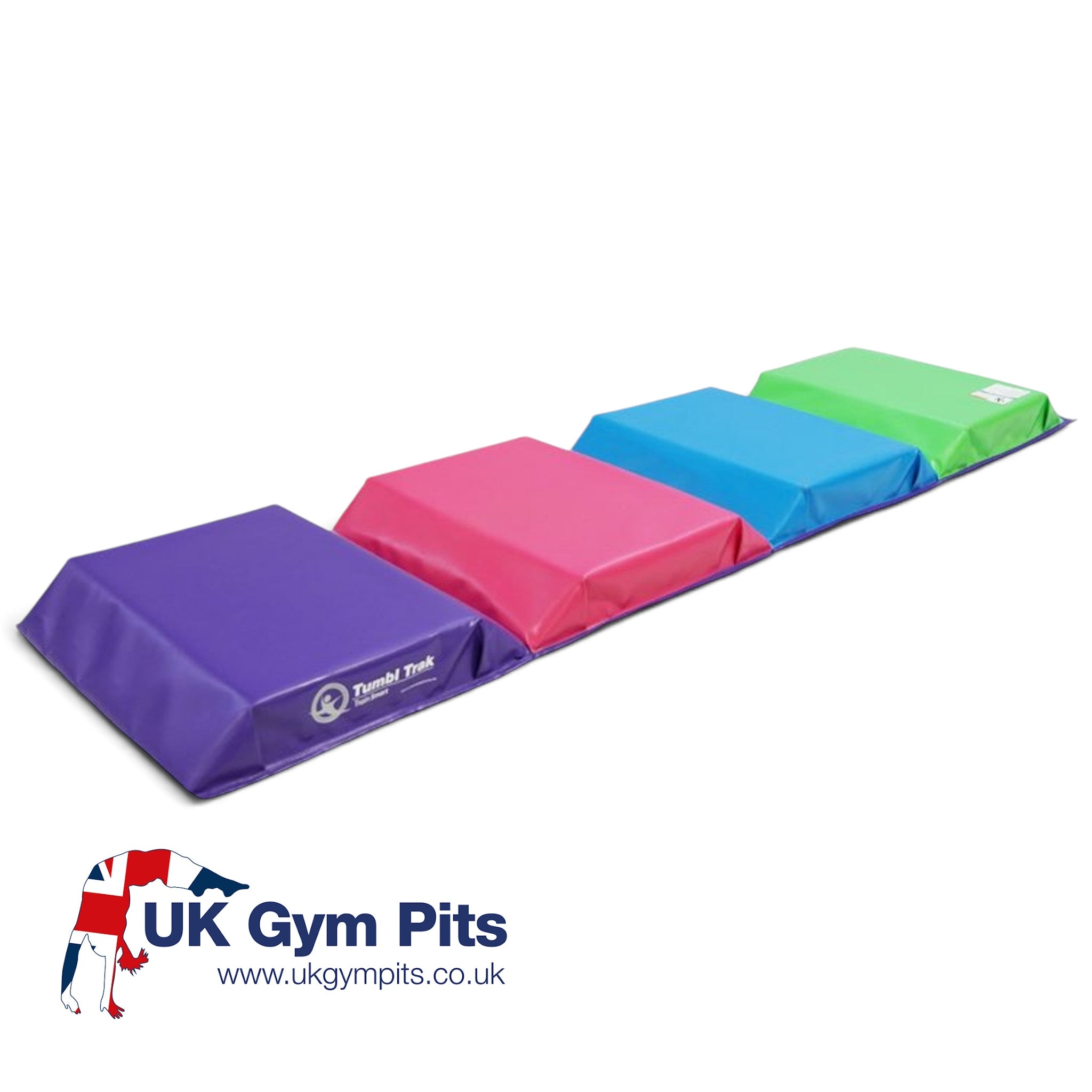 UK Gym Pits Colour Tunnel Mat with four vibrant foam panels in purple, pink, blue, and green for active play.