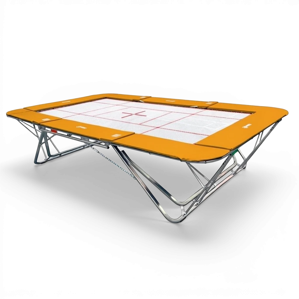 UK Gym Pits professional rectangular trampoline with a white super-mesh bed and orange protective frame pads.