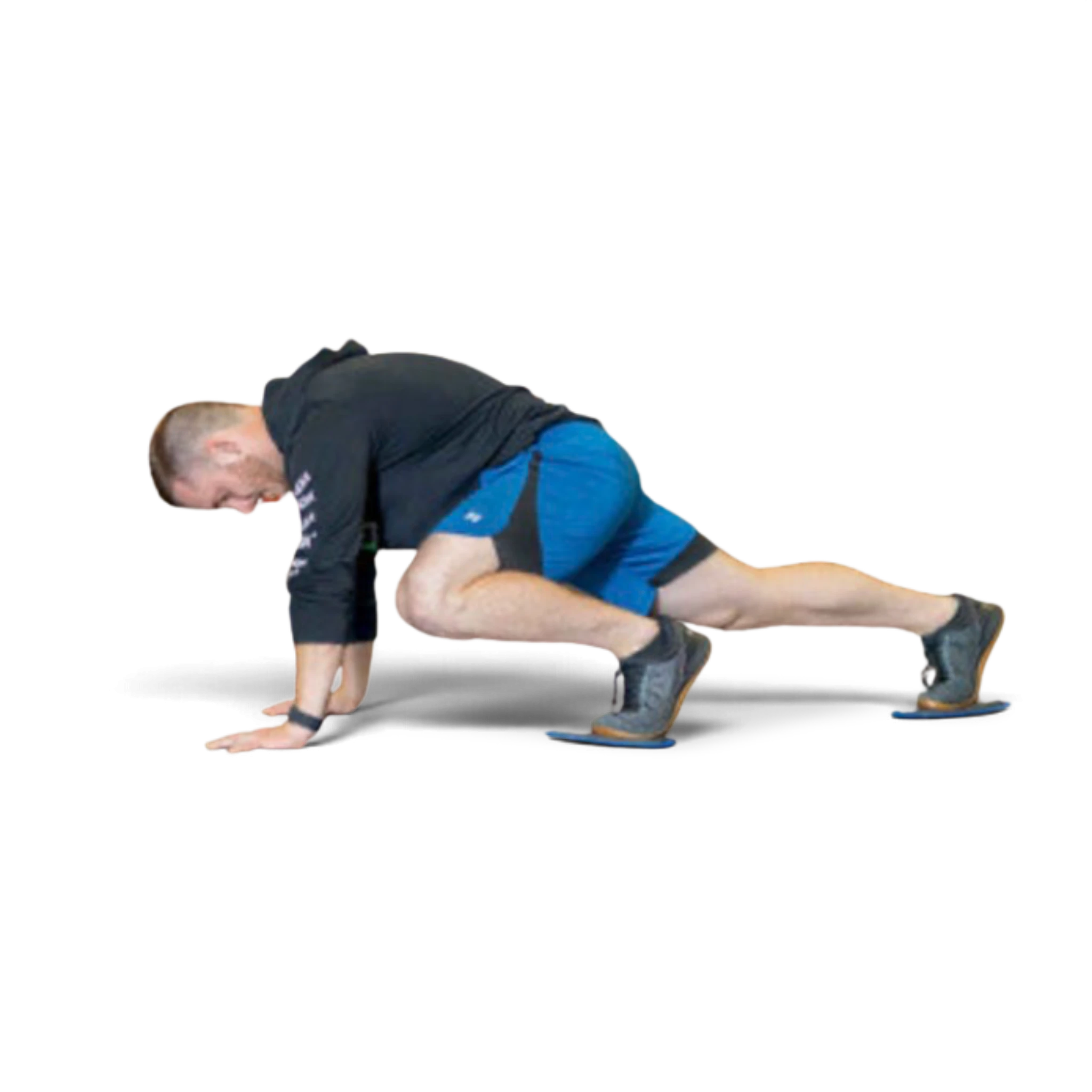 UK Gym Pits conditioning sliders used by an athlete for core and flexibility exercises on a black background