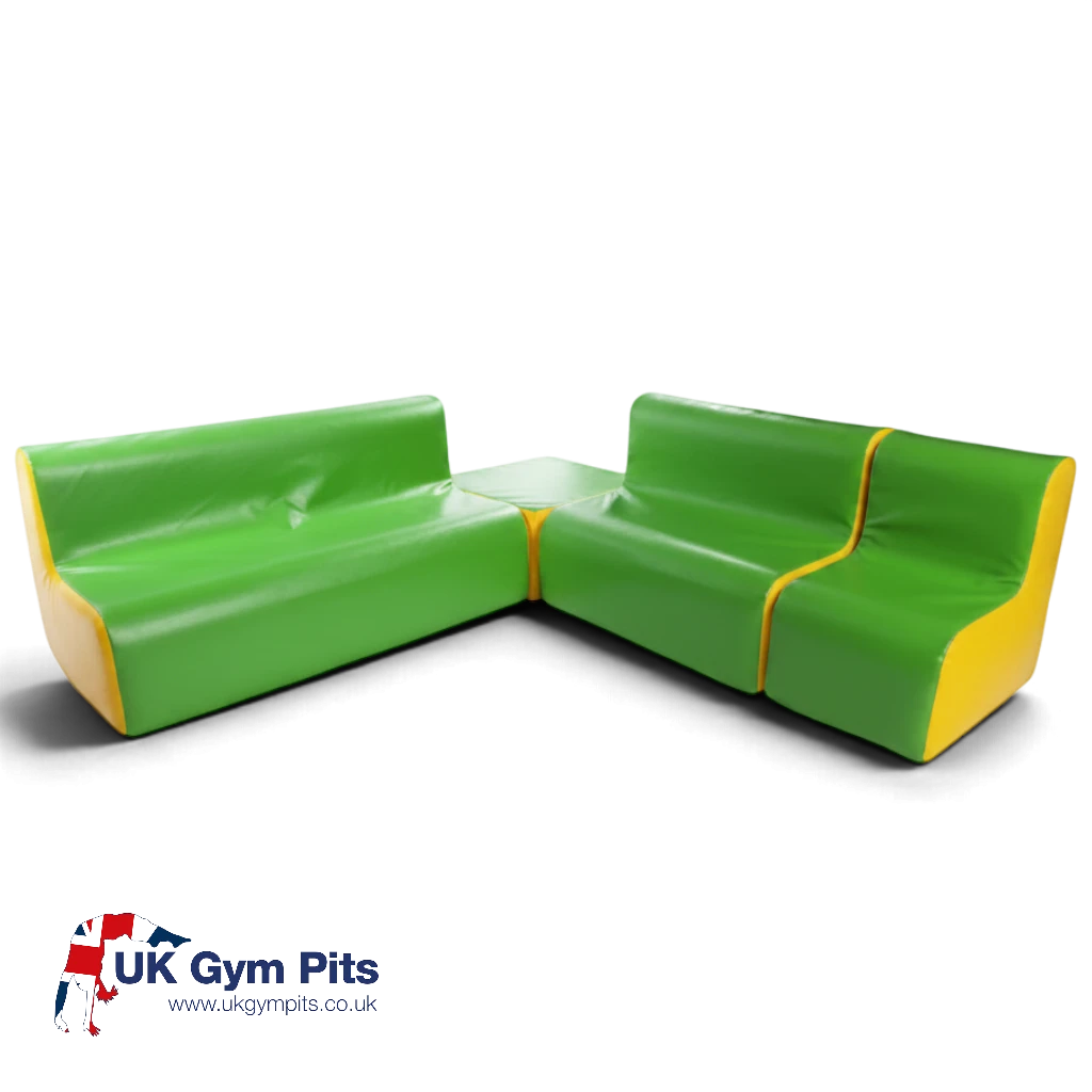 UK Gym Pits modular corner soft play furniture set in green and yellow vinyl for nurseries and schools