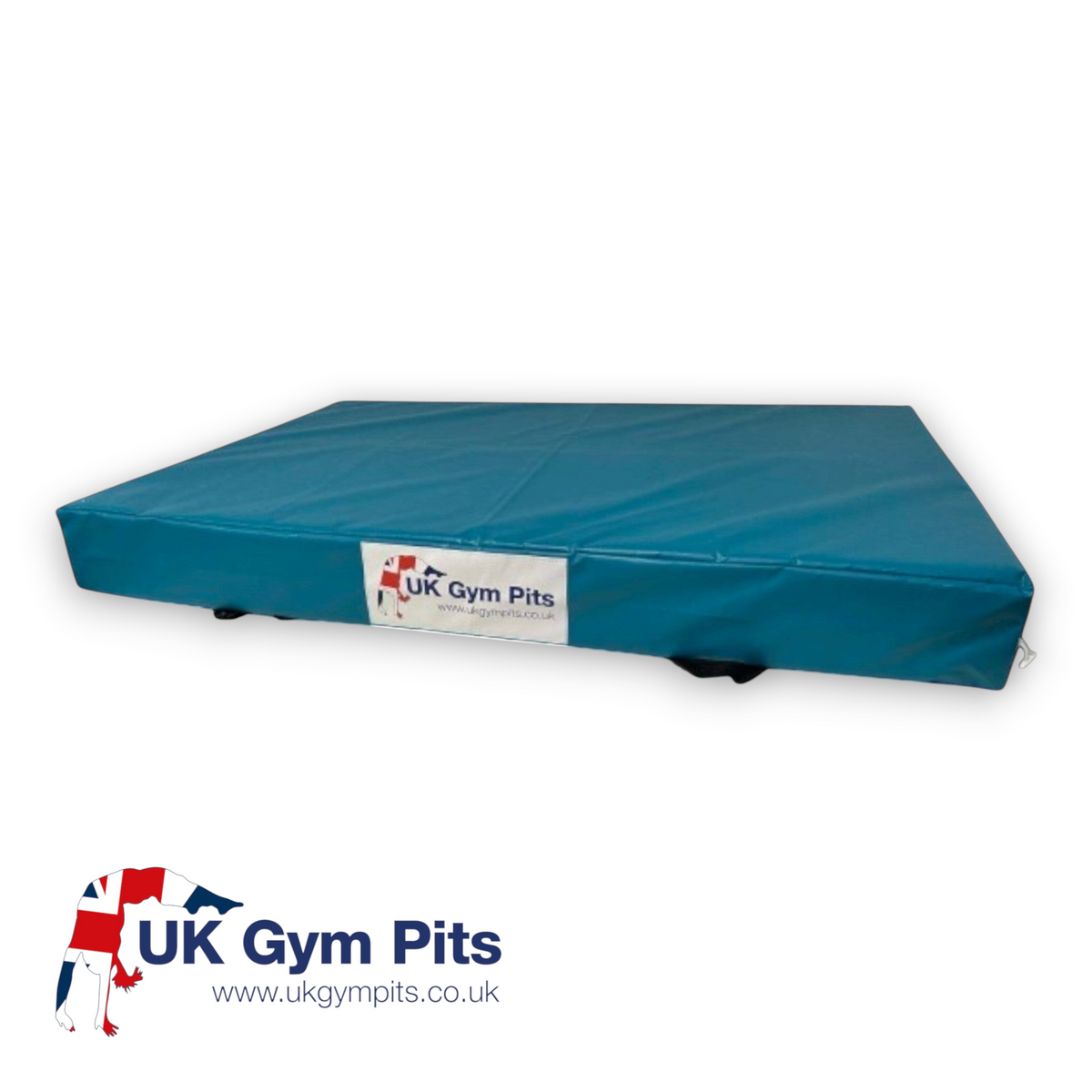 UK Gym Pits blue gymnastics crash mat with shock-absorbing foam, heavy-duty PVC cover, and side carry handles.