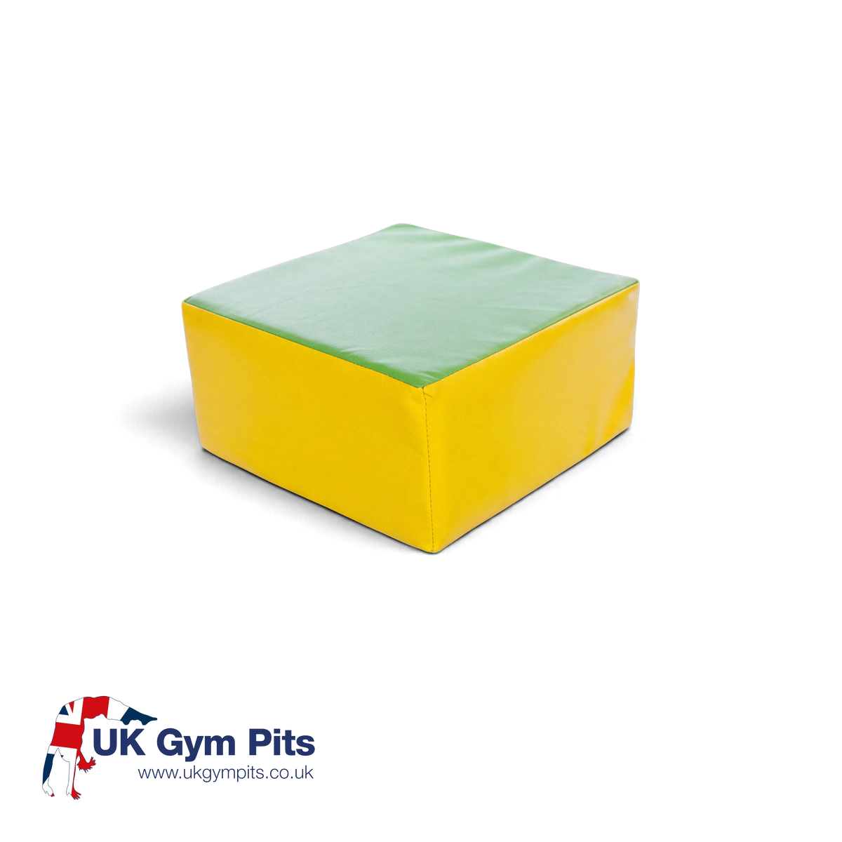 UK Gym Pits cube pouffe with a green top and yellow sides, made from soft, easy-to-clean PVC for children's play.