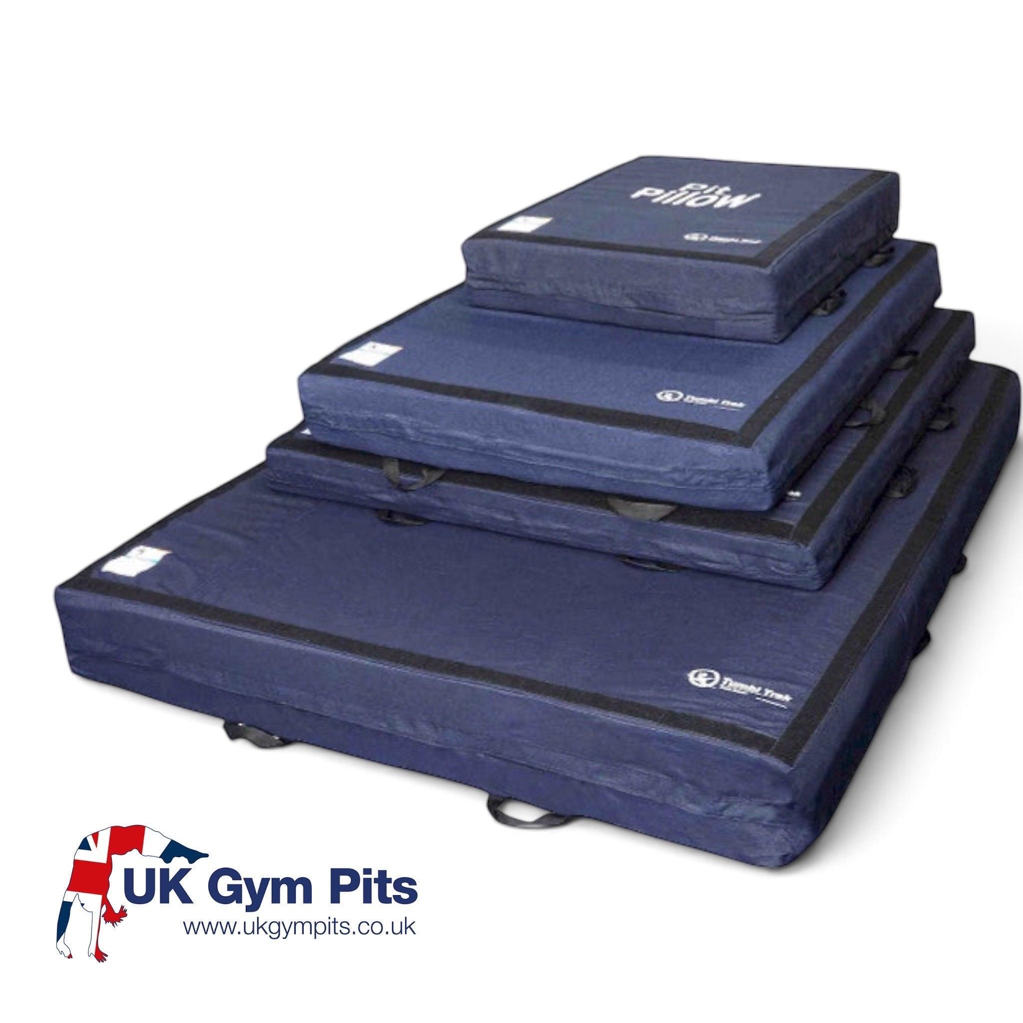 UK Gym Pits blue denim landing mats in four sizes stacked for gymnastics training with carry handles and velcro edges