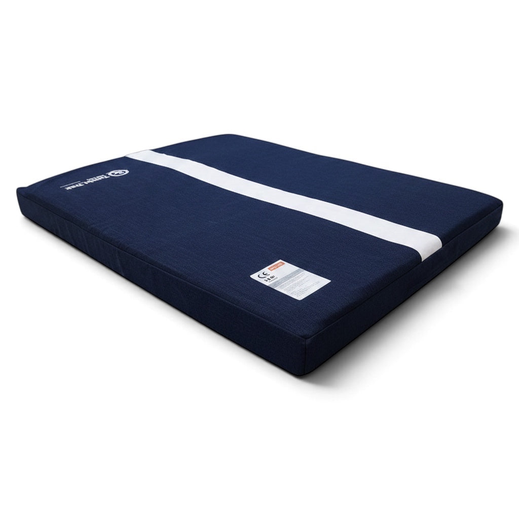 UK Gym Pits soft denim topper mat with a white center line for gymnastics landing practice on a white background