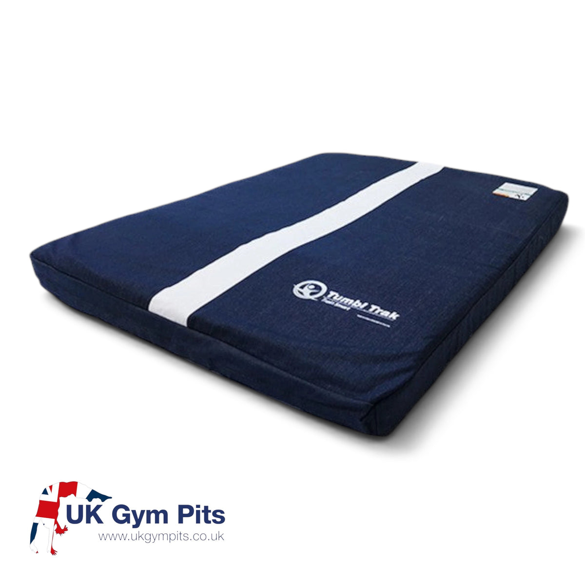 UK Gym Pits soft denim gymnastics topper mat with a central white line for landing practice and Velcro base