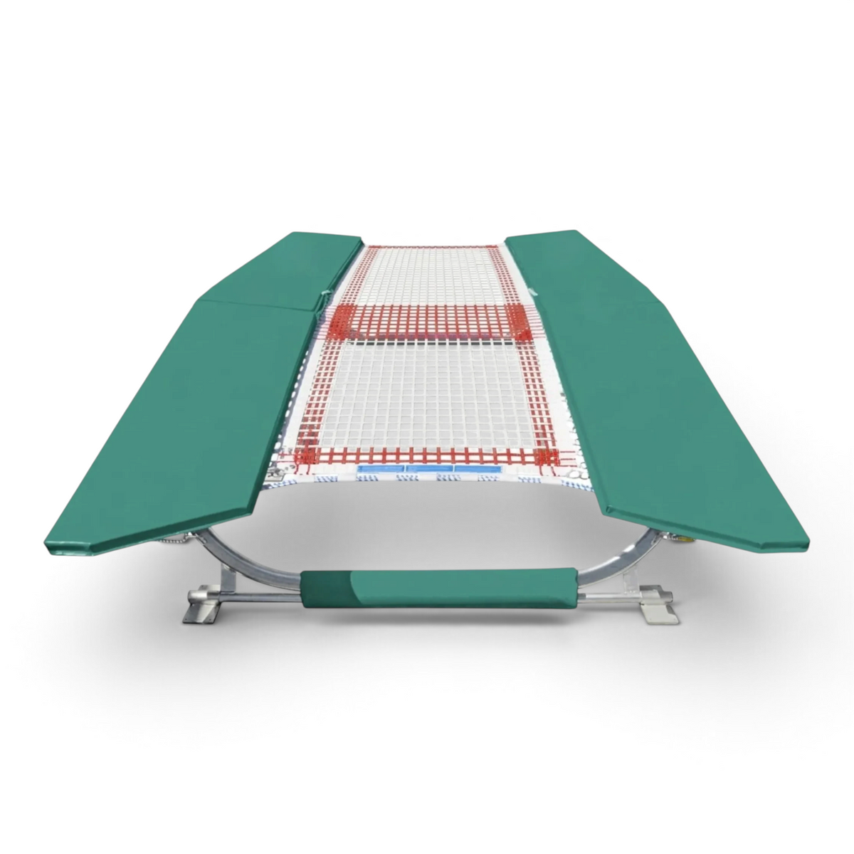 UK Gym Pits FIG specification double mini trampoline with green frame pads and white web bed on a zinc plated frame.