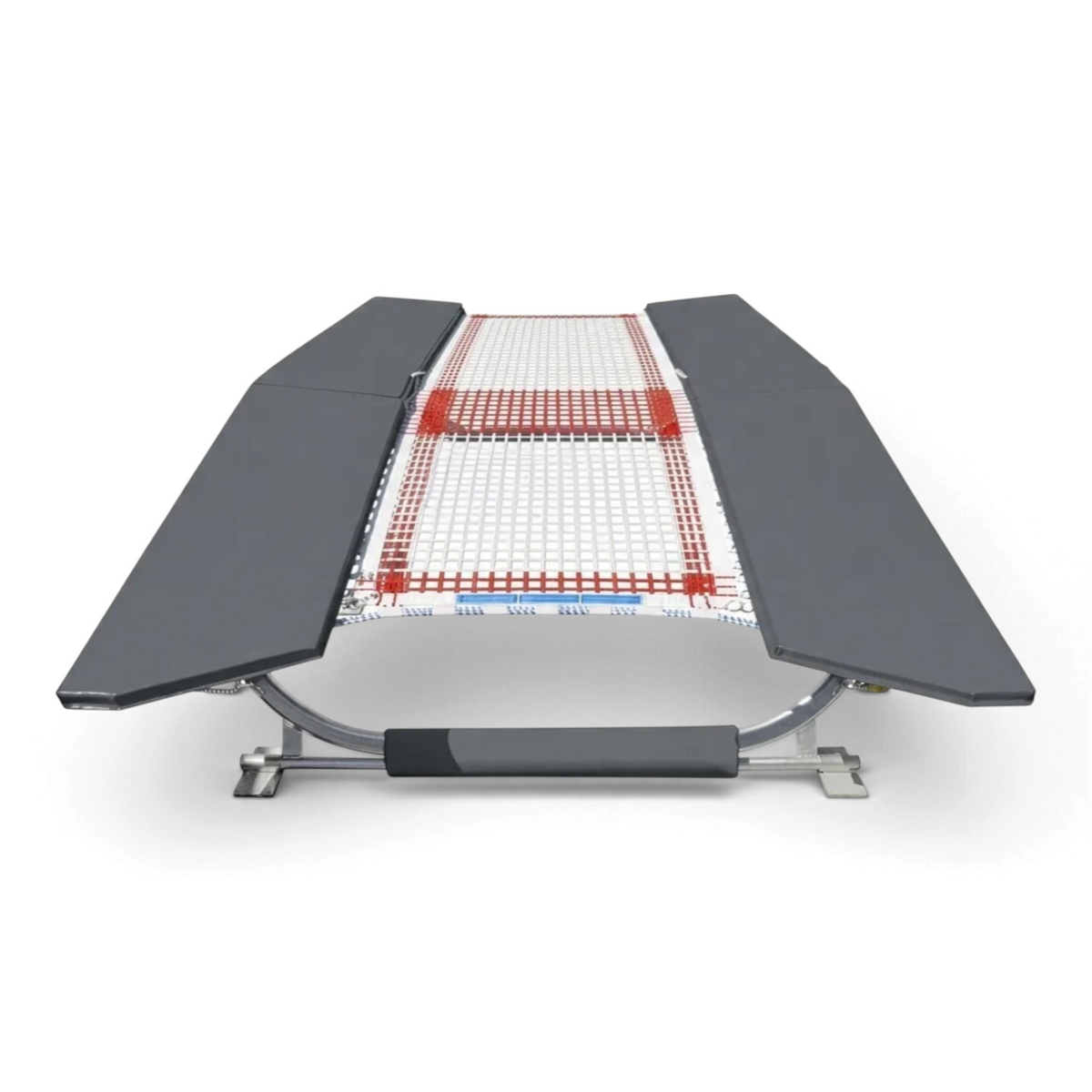 UK Gym Pits FIG specification double mini tramp with grey safety pads and white web bed on a zinc plated frame