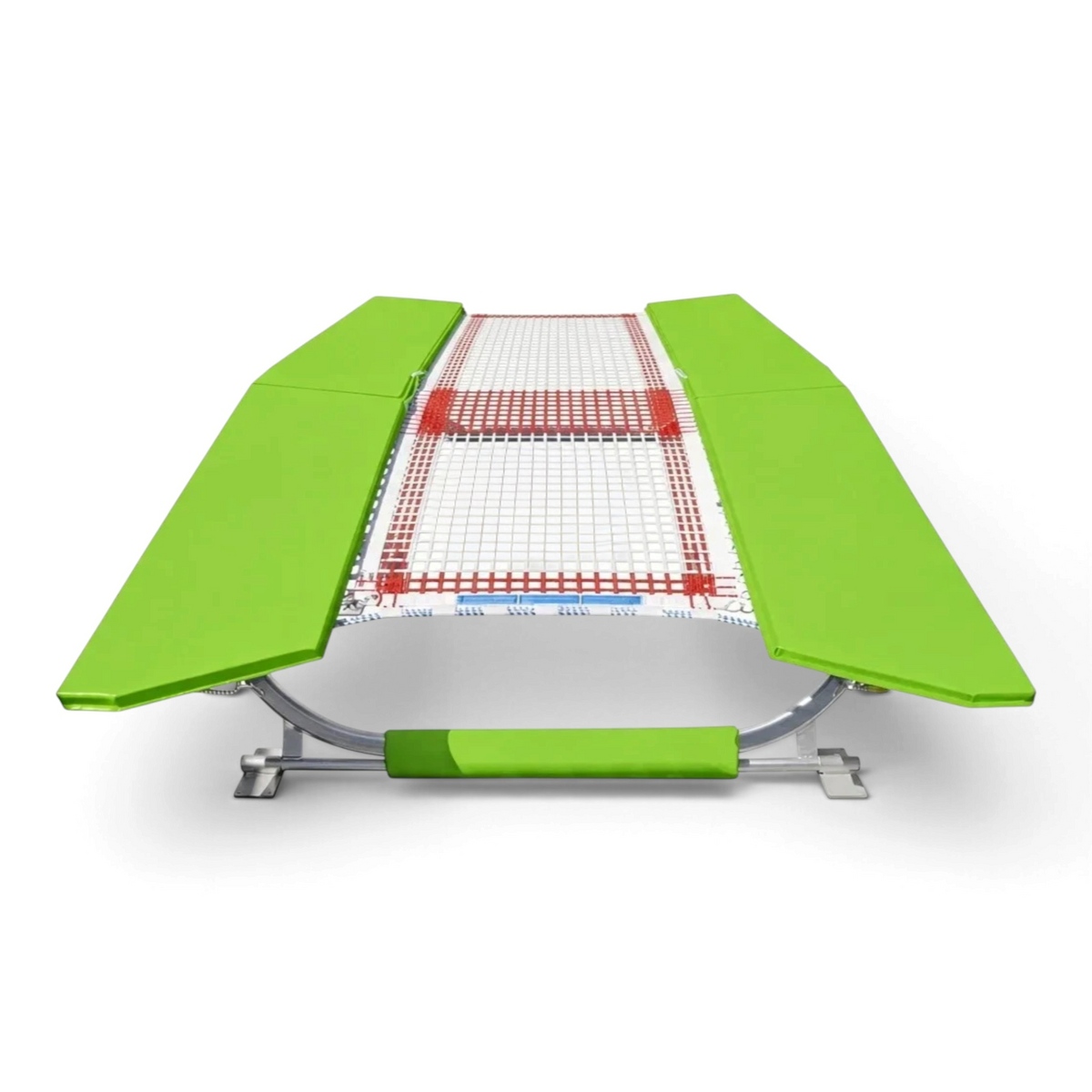 UK Gym Pits double mini trampoline with bright green frame pads and a white web bed, built to FIG specifications.