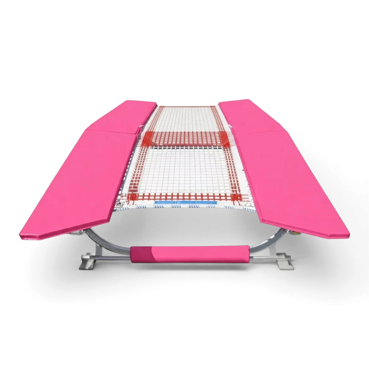 UK Gym Pits FIG specification double mini tramp with pink frame pads and white web bed on a zinc plated steel frame