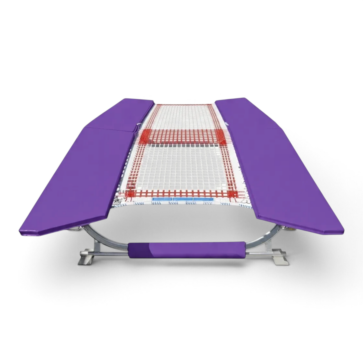 UK Gym Pits FIG specification double mini tramp with purple protective frame pads and white web bed