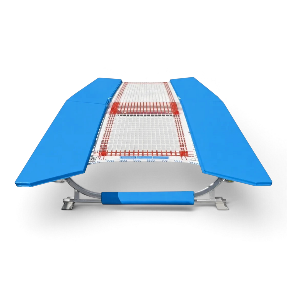 UK Gym Pits FIG specification double mini tramp with blue frame pads and white web bed on a zinc plated steel frame
