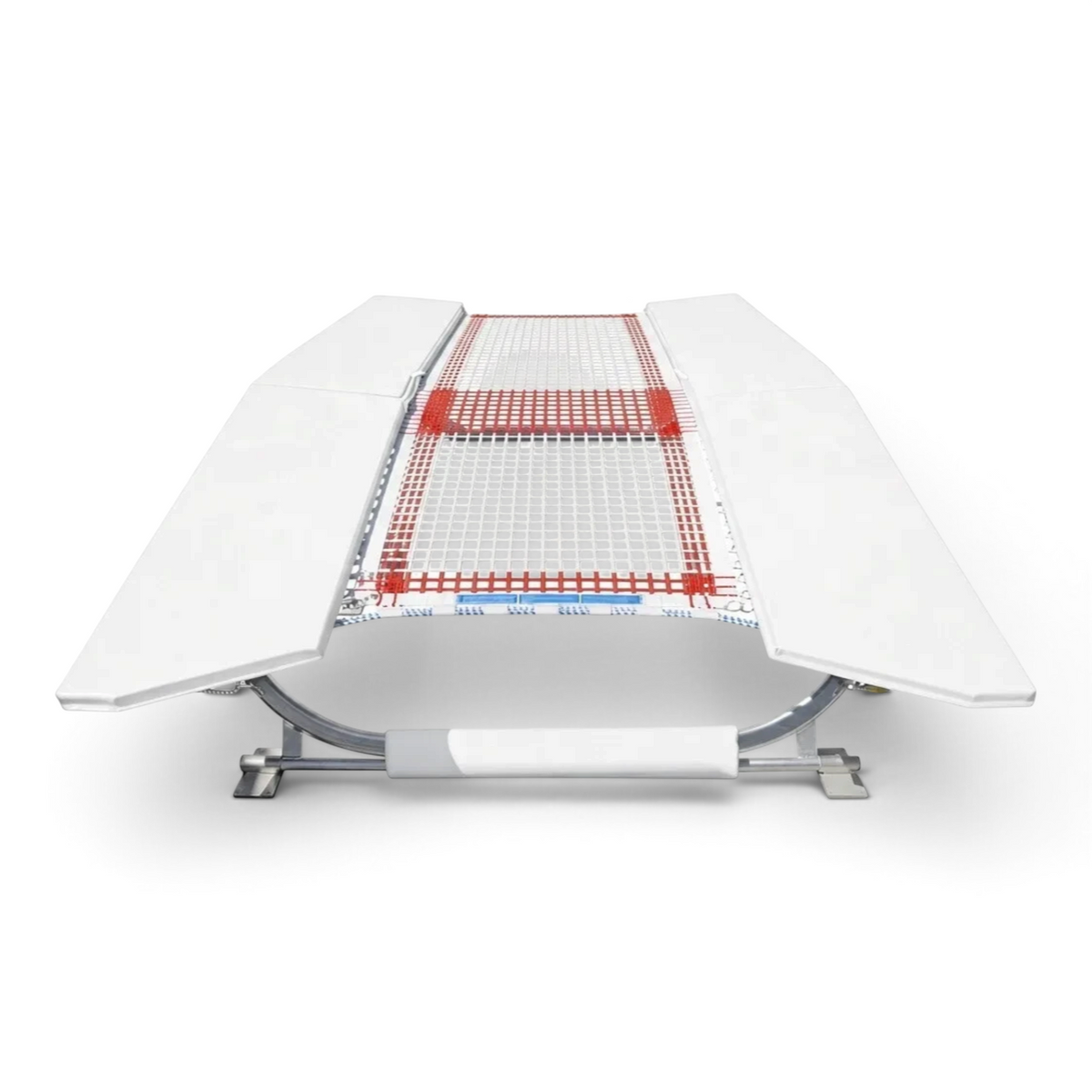 UK Gym Pits FIG specification double mini tramp with white frame pads and a red and white web bed