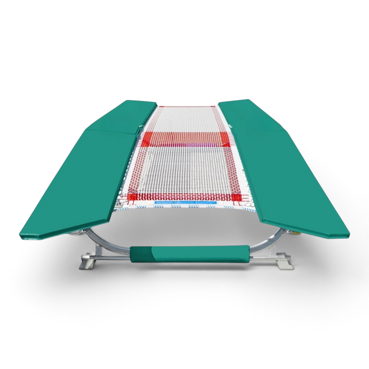 UK Gym Pits FIG specification double mini trampoline with green frame pads and white web bed on a zinc plated frame