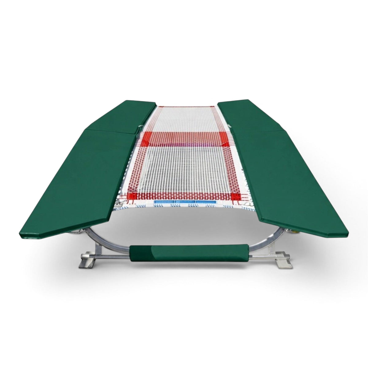 UK Gym Pits FIG specification double mini tramp with green frame pads and white web bed on a zinc plated frame