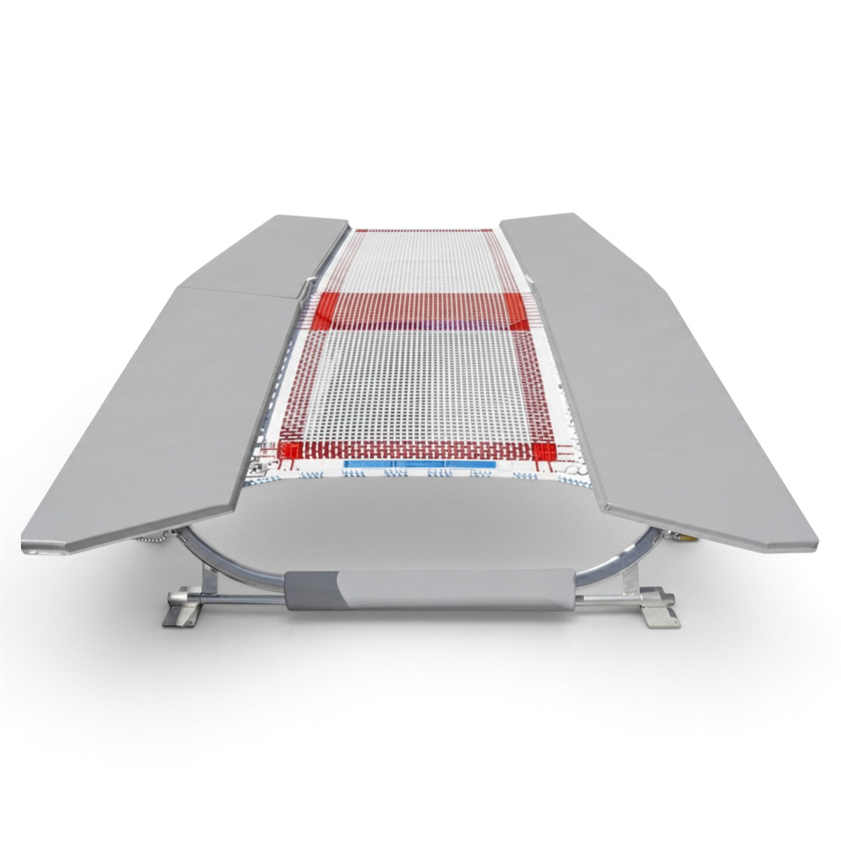 UK Gym Pits FIG specification double mini tramp with grey frame pads and white web bed on a zinc plated frame
