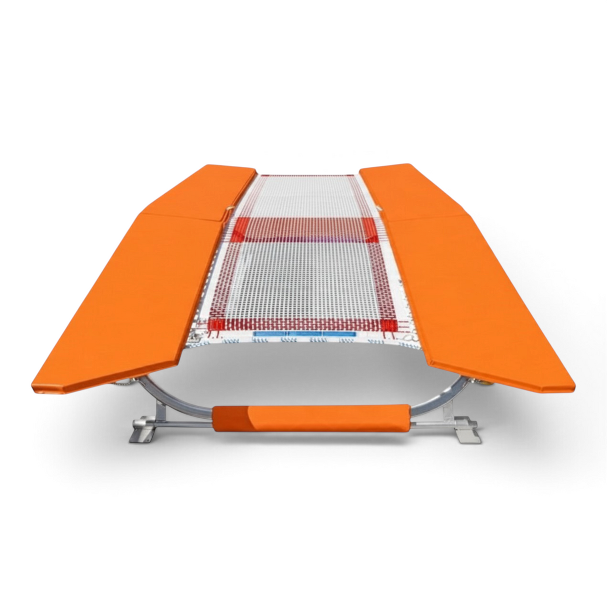UK Gym Pits FIG specification double mini tramp with orange frame pads and white web bed on a zinc plated frame