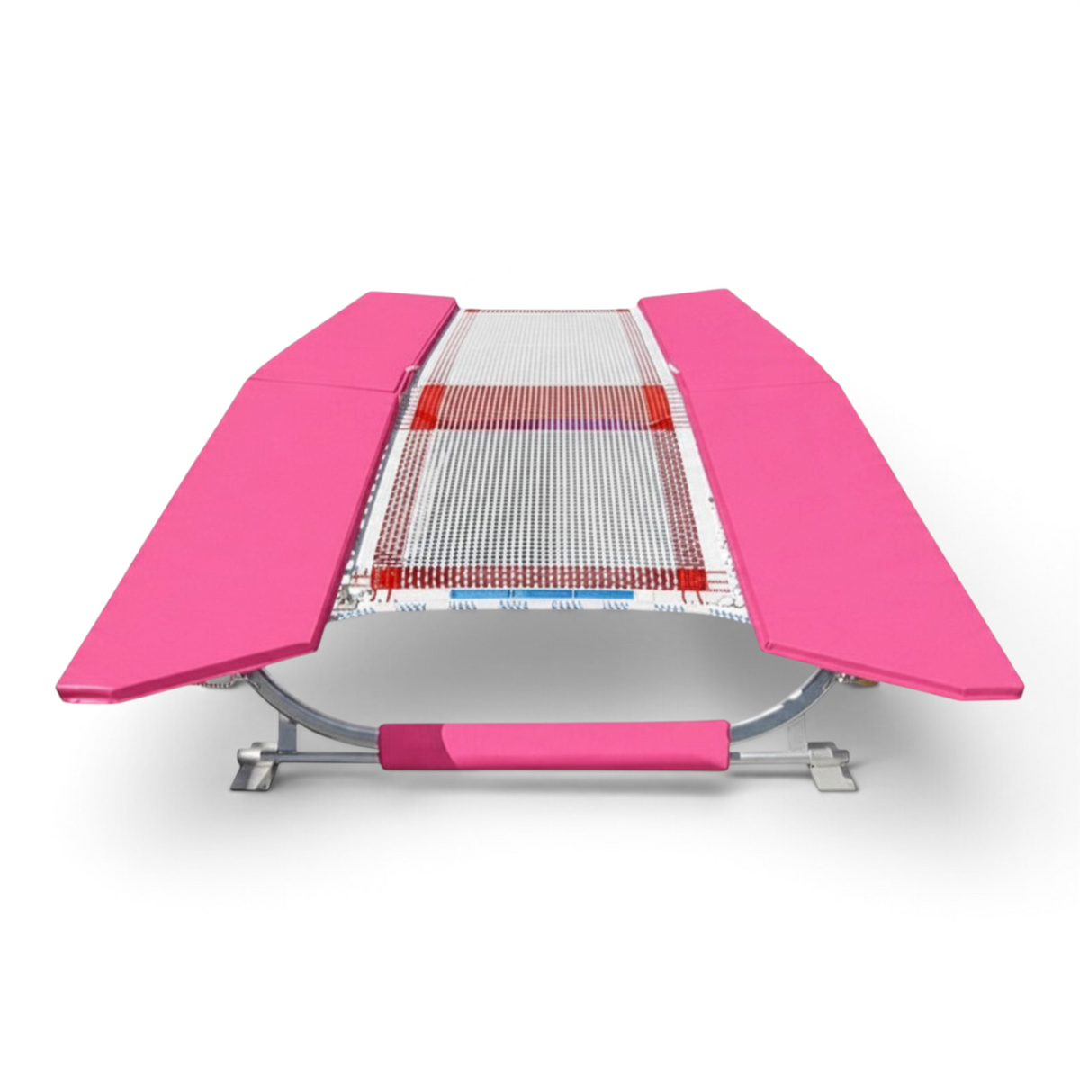 UK Gym Pits FIG specification double mini trampoline with pink protective frame pads and a white webbed jumping bed