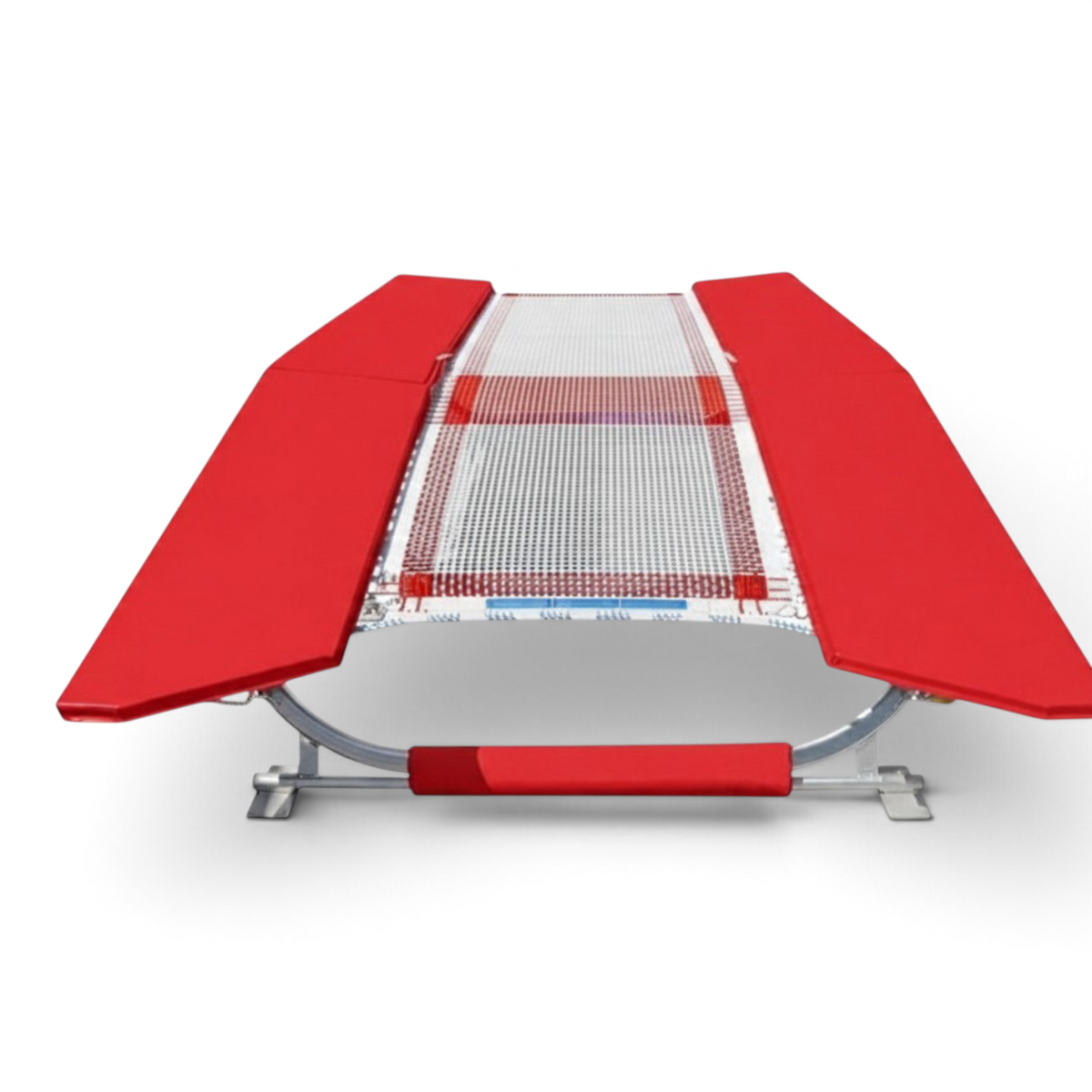 UK Gym Pits FIG specification double mini tramp with red protective frame pads and white webbed jumping surface