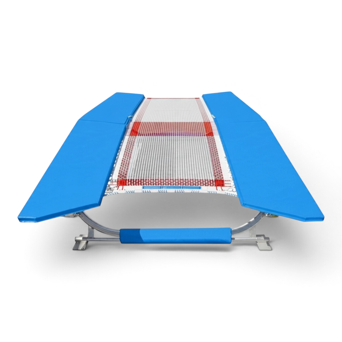 UK Gym Pits FIG specification double mini tramp with blue frame pads and white web bed on a zinc plated steel frame.