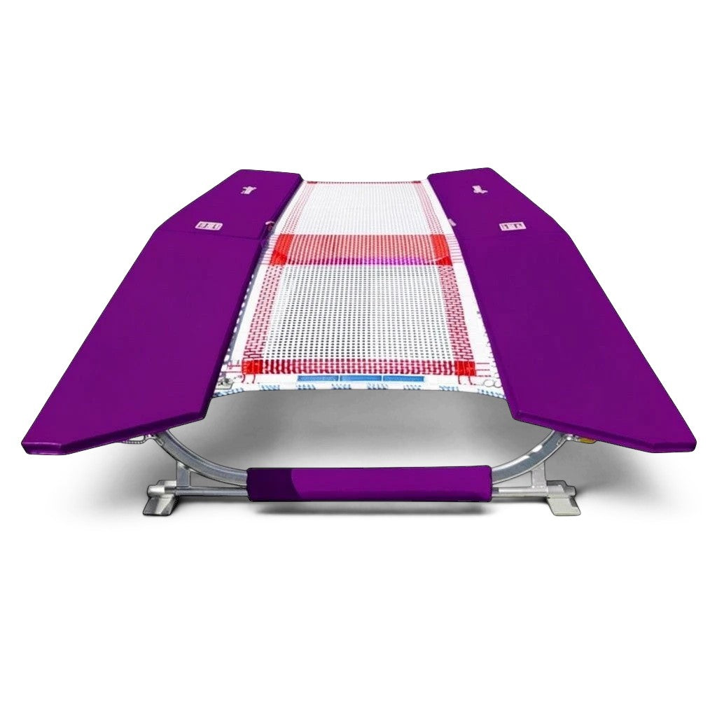 UK Gym Pits FIG specification double mini tramp with purple frame pads and a white web bed on a zinc plated frame