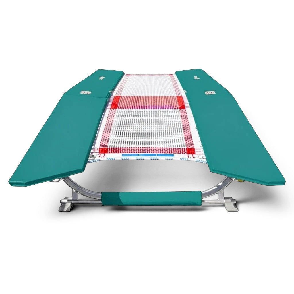 UK Gym Pits FIG specification double mini tramp with teal frame pads and a white web bed on a zinc plated steel frame