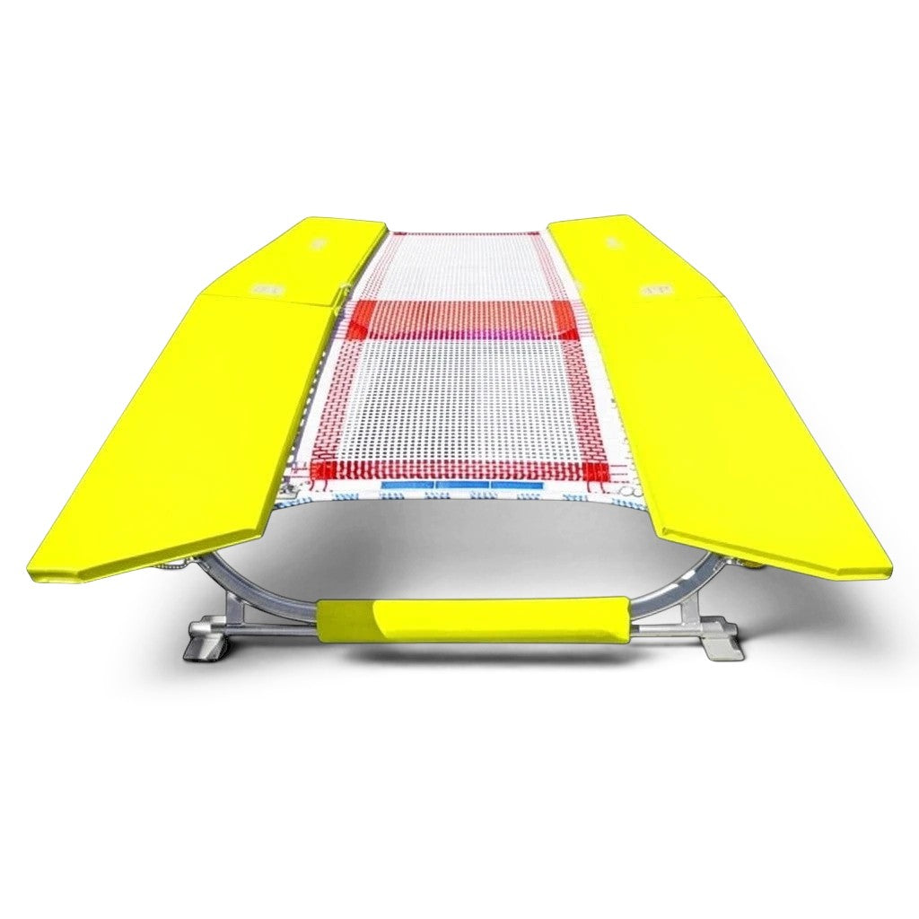UK Gym Pits FIG specification double mini tramp with yellow frame pads and a white web bed on a zinc plated steel frame