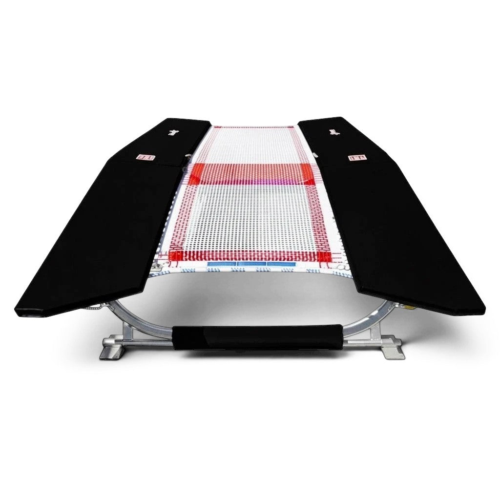 UK Gym Pits FIG specification double mini tramp with white web bed, red center marker, and black protective frame pads.
