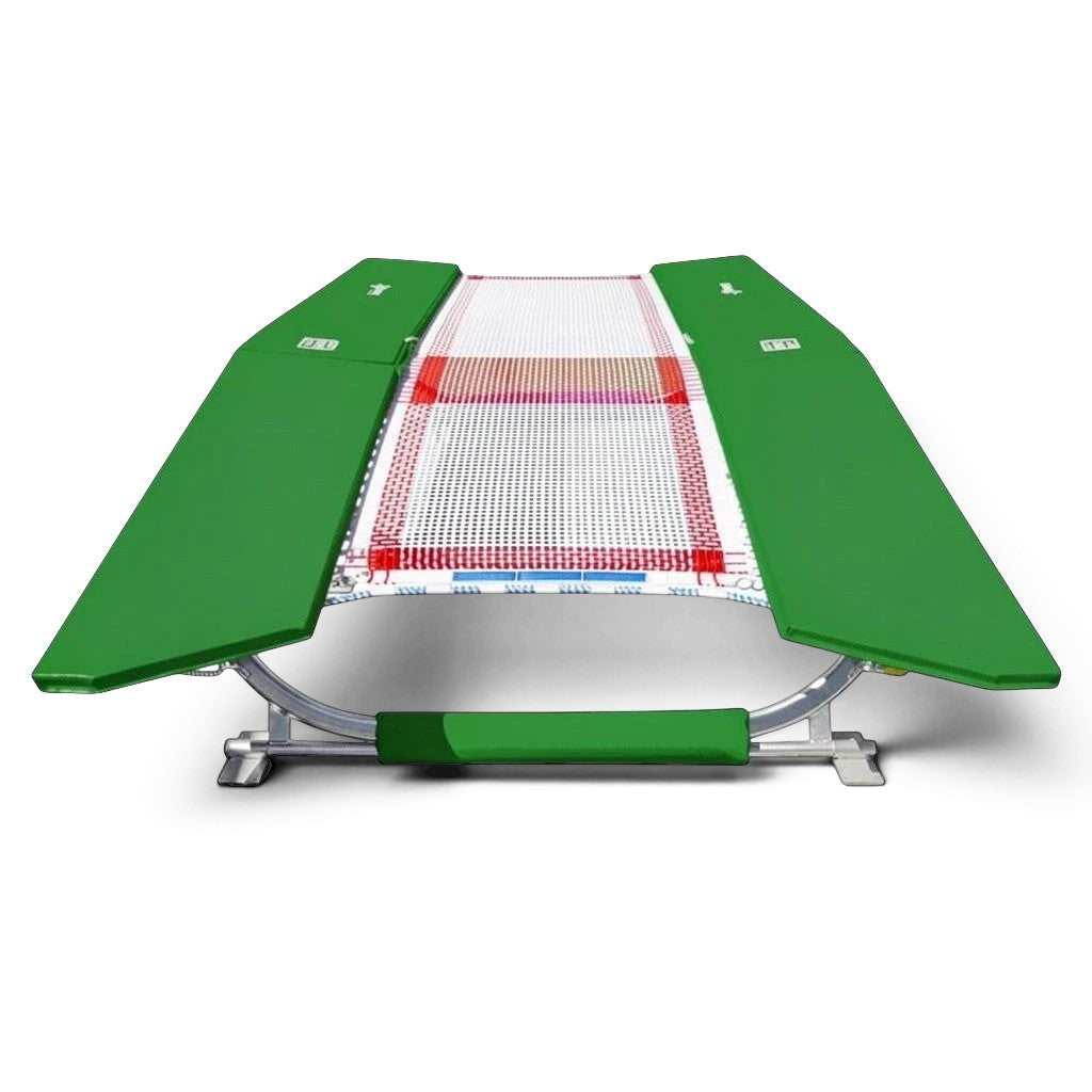 UK Gym Pits FIG specification double mini trampoline with green protective frame pads and a white web bed