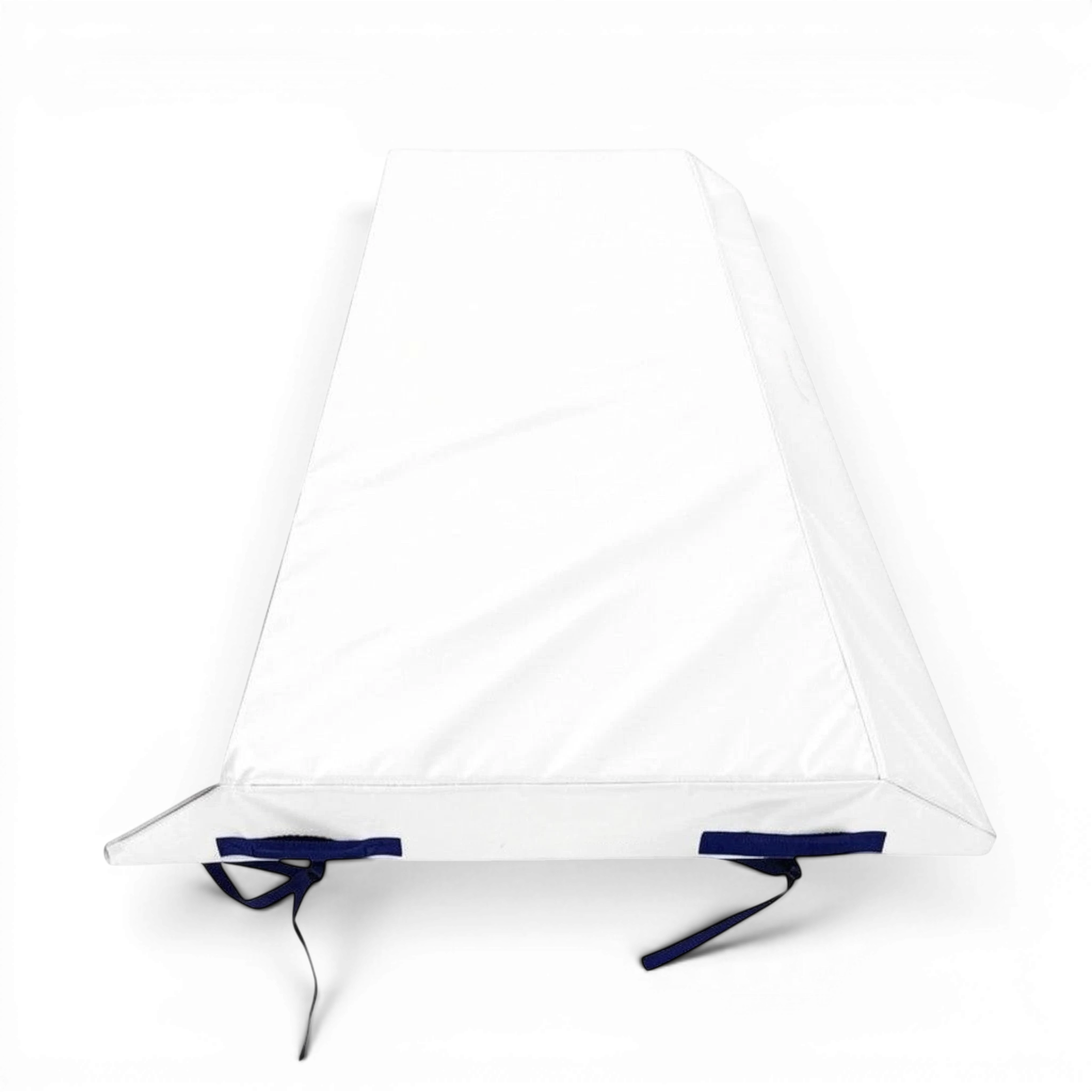UK Gym Pits white double wedge trampoline spotting end deck mat with blue webbing straps and handles.
