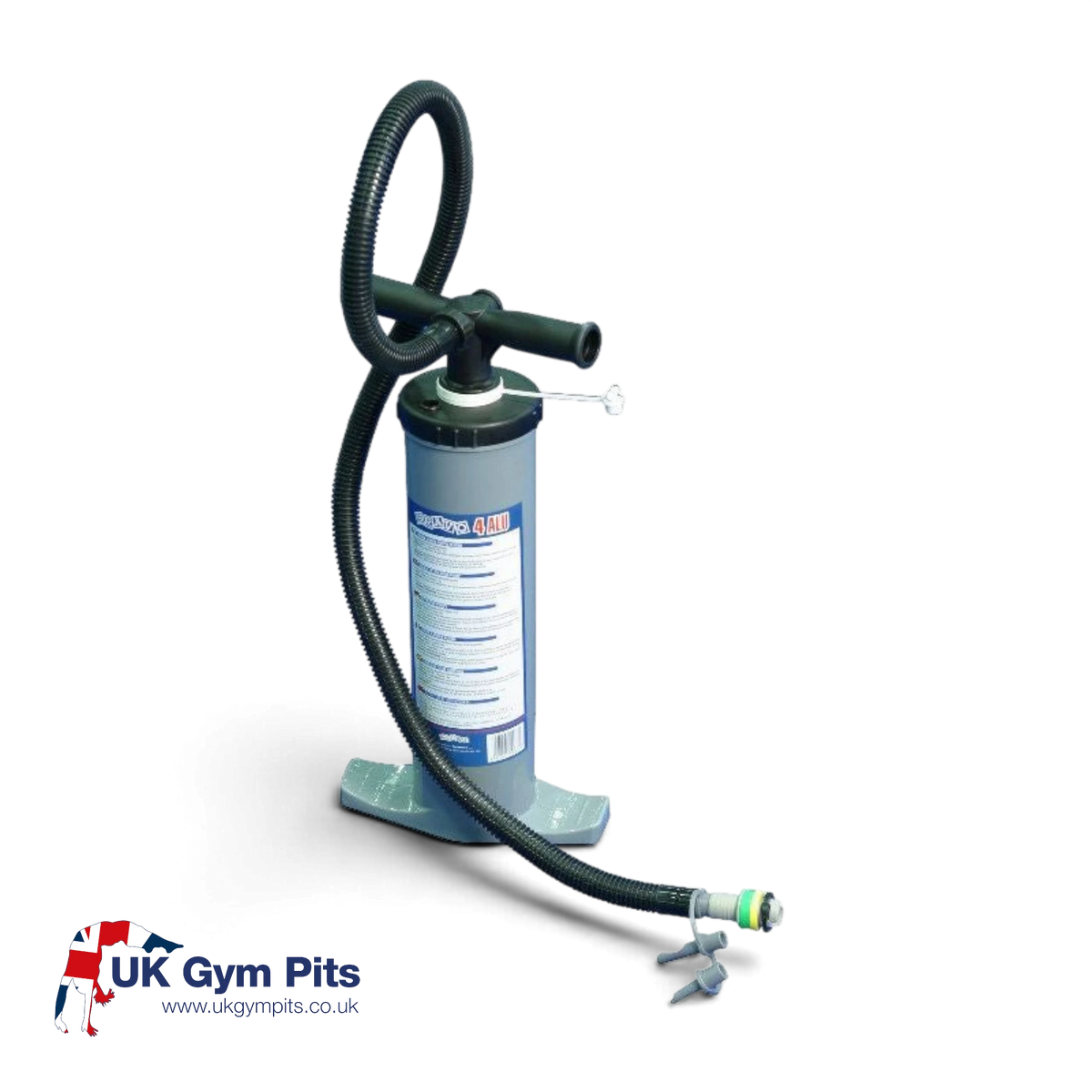 UK Gym Pits dual action hand pump with accordion hose and multiple valve fittings for inflating air products.