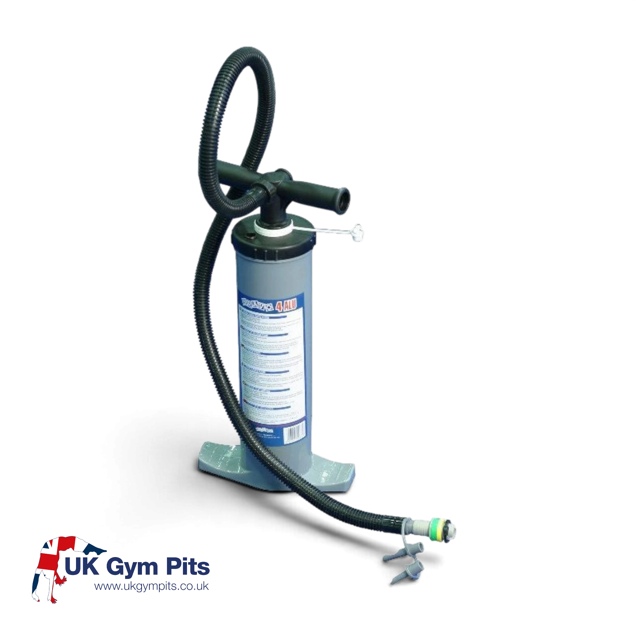 UK Gym Pits dual action hand pump with accordion hose and multiple valve fittings for inflating air products.